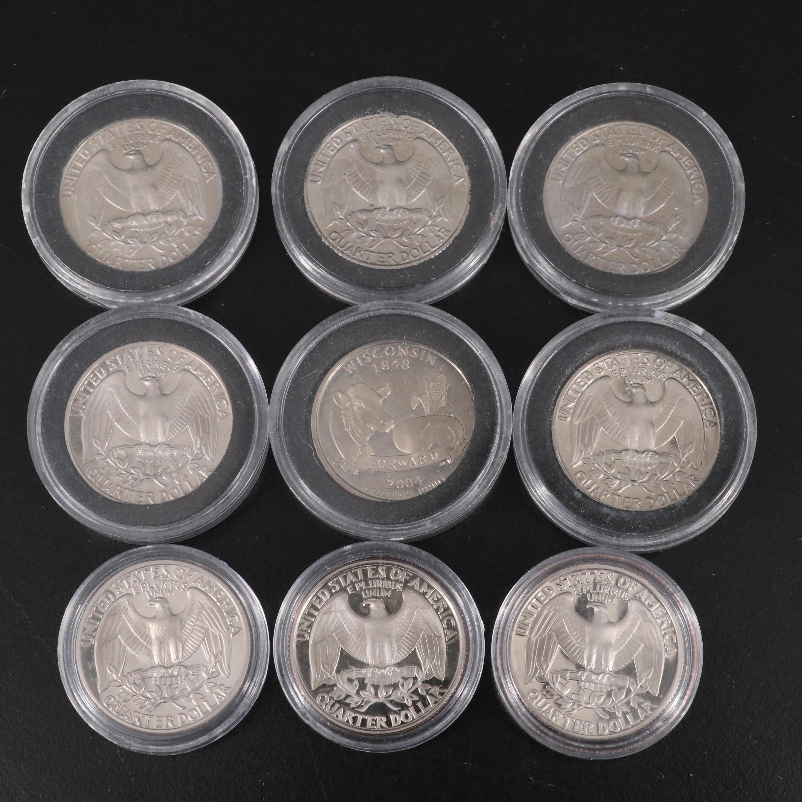 Collection of Used United States and World Stamps and 9 U.S. Quarter Proofs