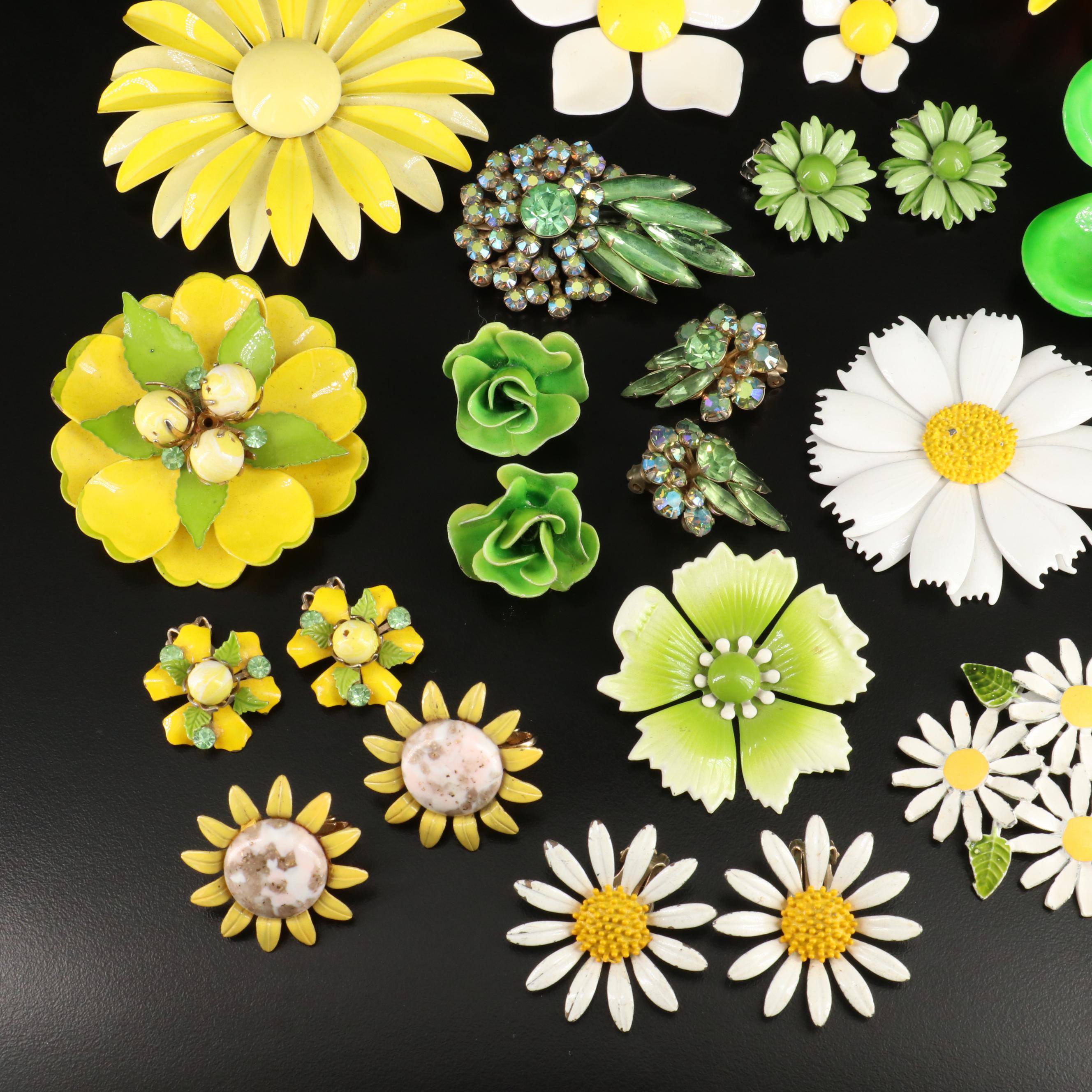 Vintage Enamel and Rhinestone Floral Jewelry Collection