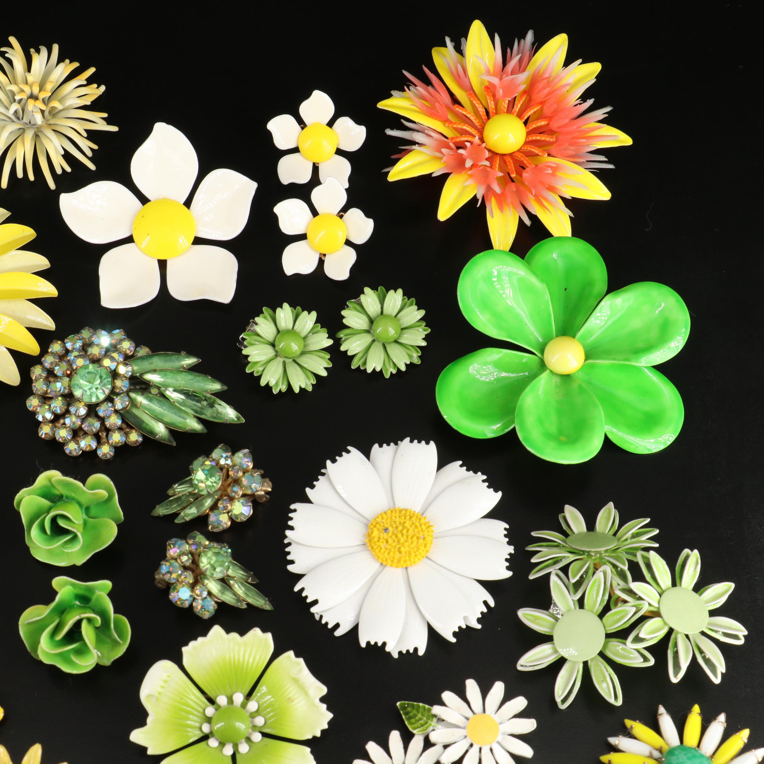 Vintage Enamel and Rhinestone Floral Jewelry Collection