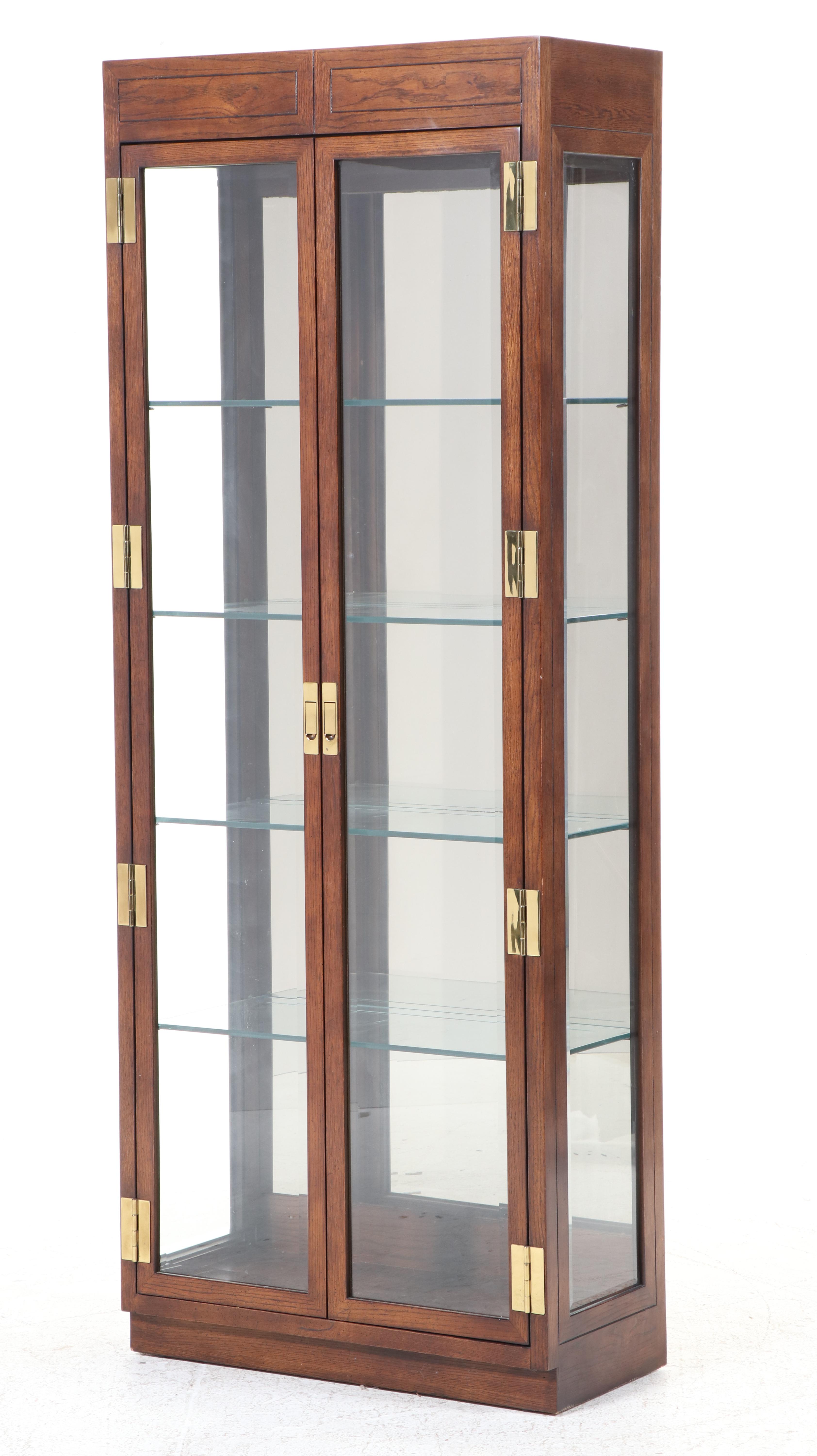 Henredon Campaign Style Brass-Mounted Oak Display Cabinet, Late 20th Century