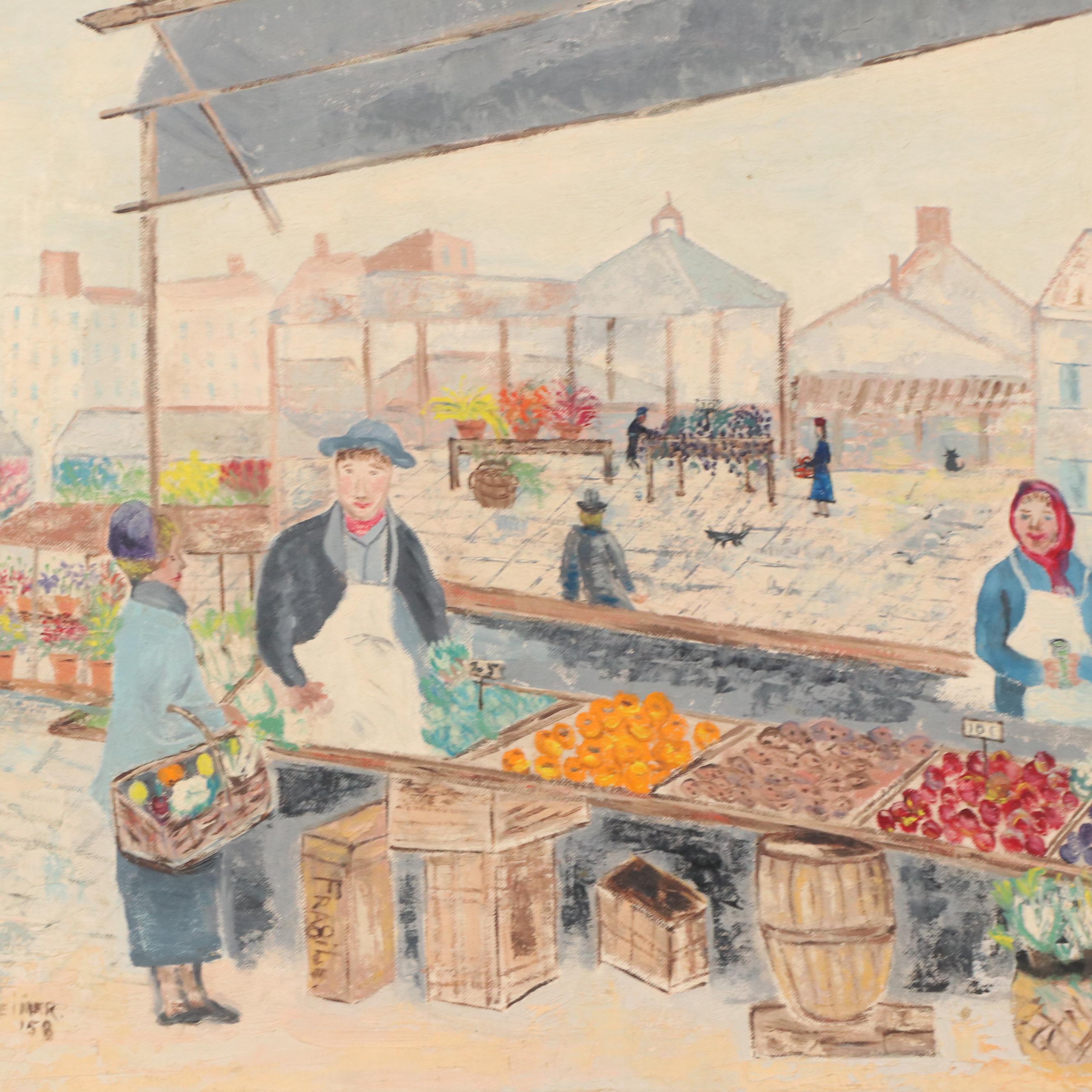 Helen Oppenheimer Genre Oil Painting of Town Scene with Produce Market, 1958