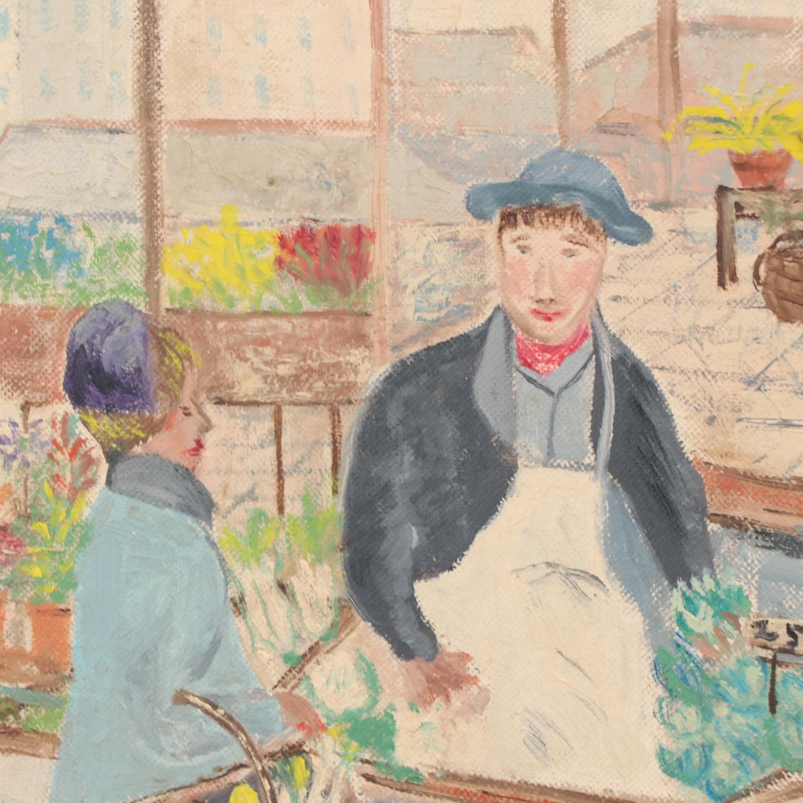 Helen Oppenheimer Genre Oil Painting of Town Scene with Produce Market, 1958