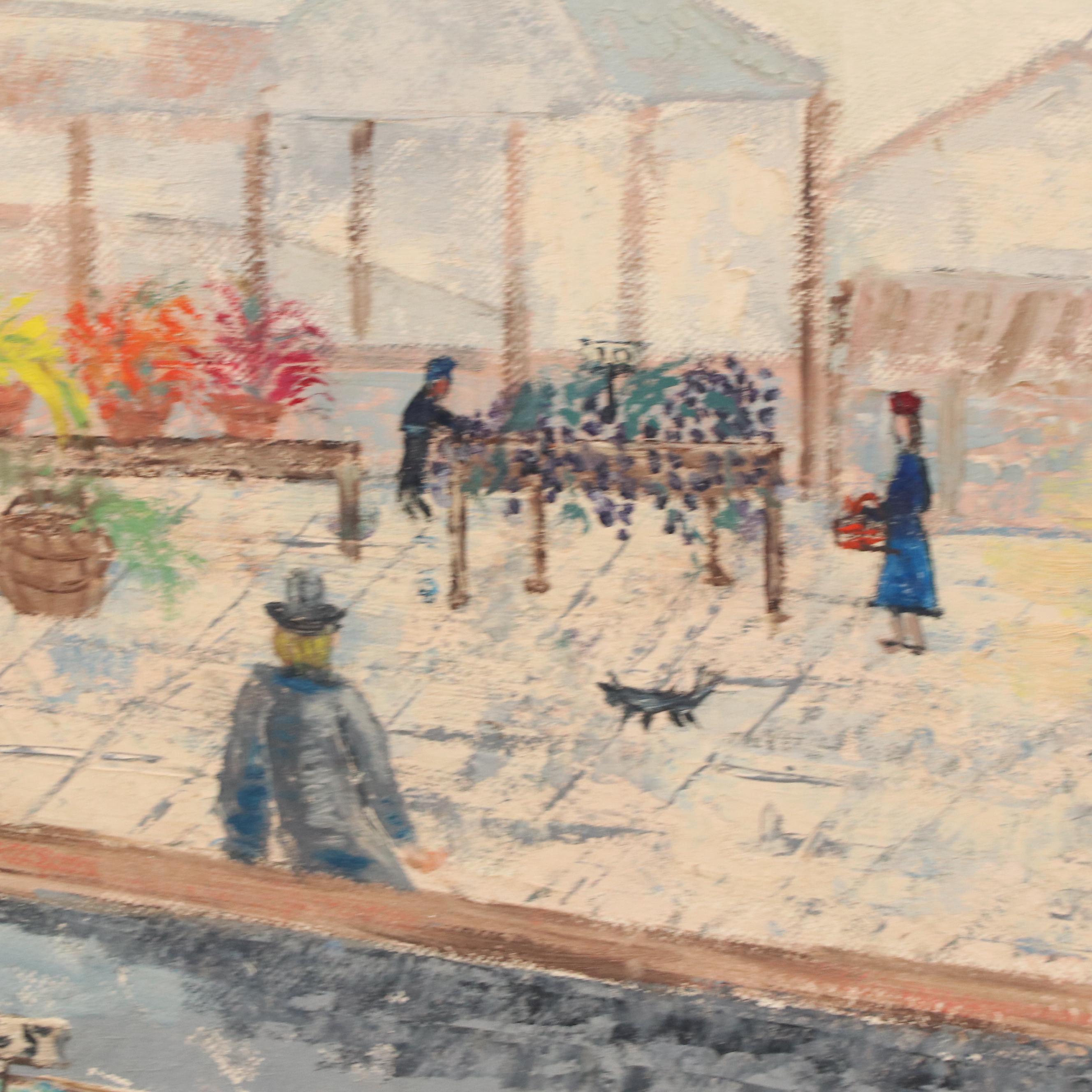 Helen Oppenheimer Genre Oil Painting of Town Scene with Produce Market, 1958