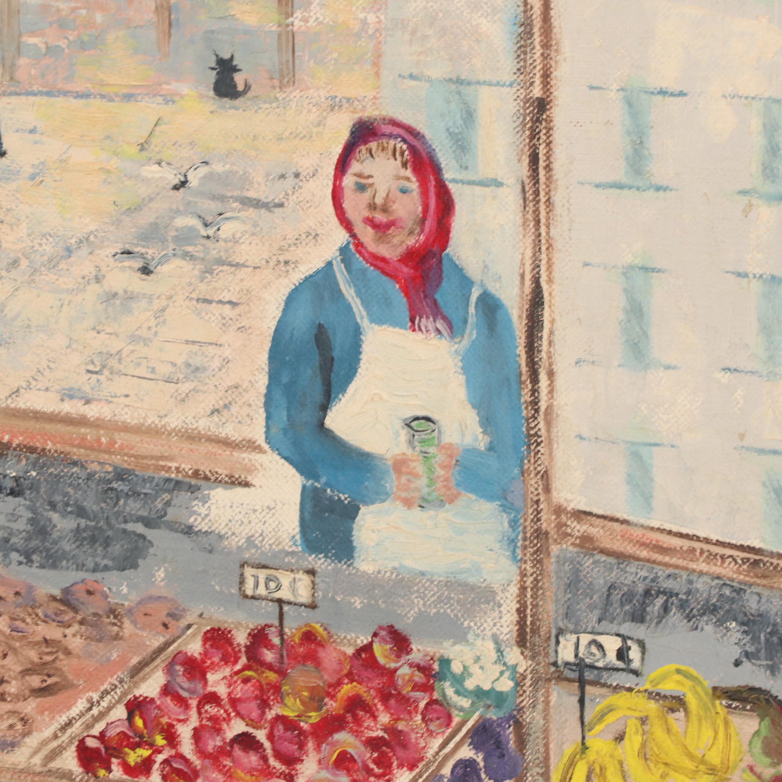Helen Oppenheimer Genre Oil Painting of Town Scene with Produce Market, 1958
