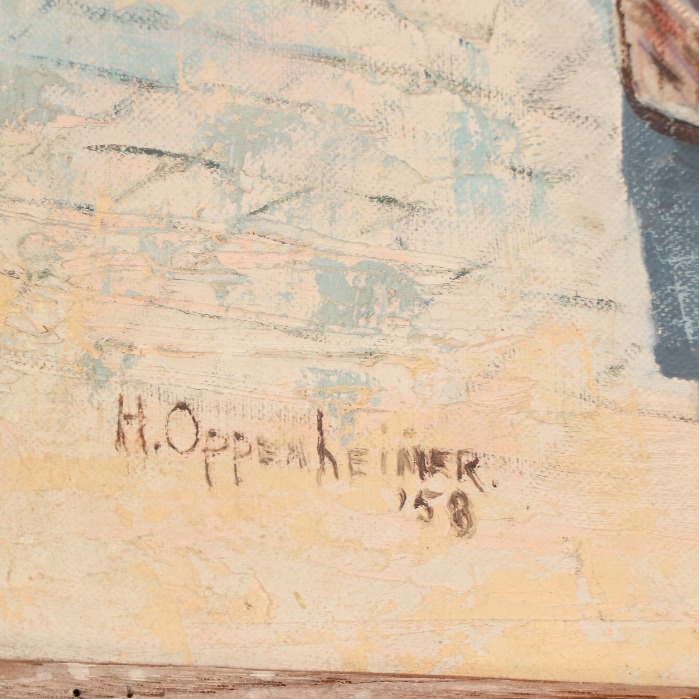 Helen Oppenheimer Genre Oil Painting of Town Scene with Produce Market, 1958