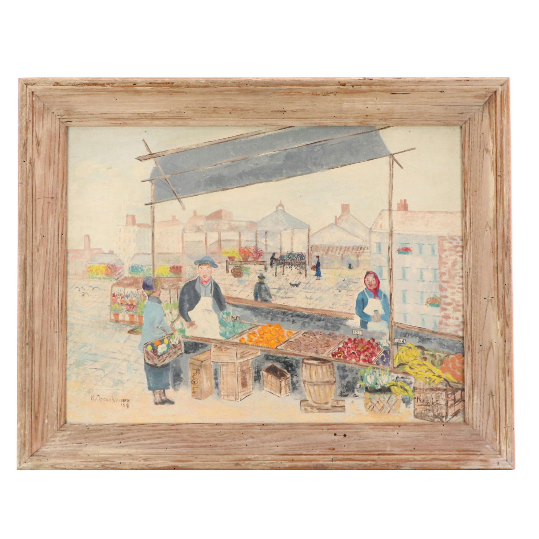 Helen Oppenheimer Genre Oil Painting of Town Scene with Produce Market, 1958