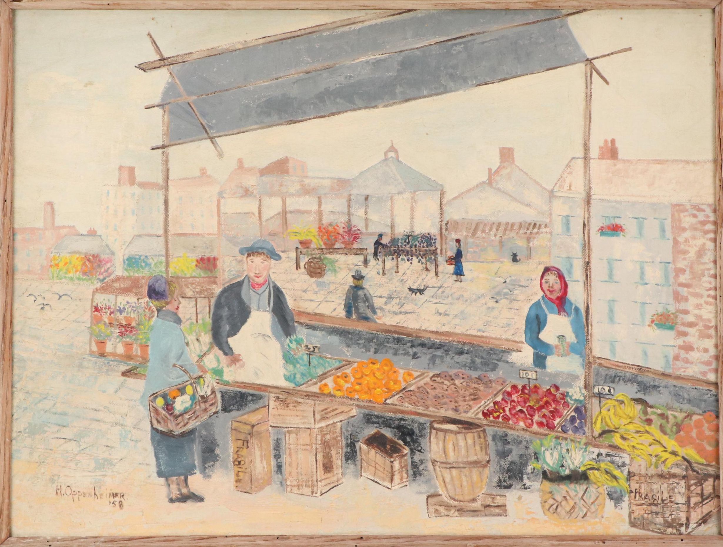 Helen Oppenheimer Genre Oil Painting of Town Scene with Produce Market, 1958