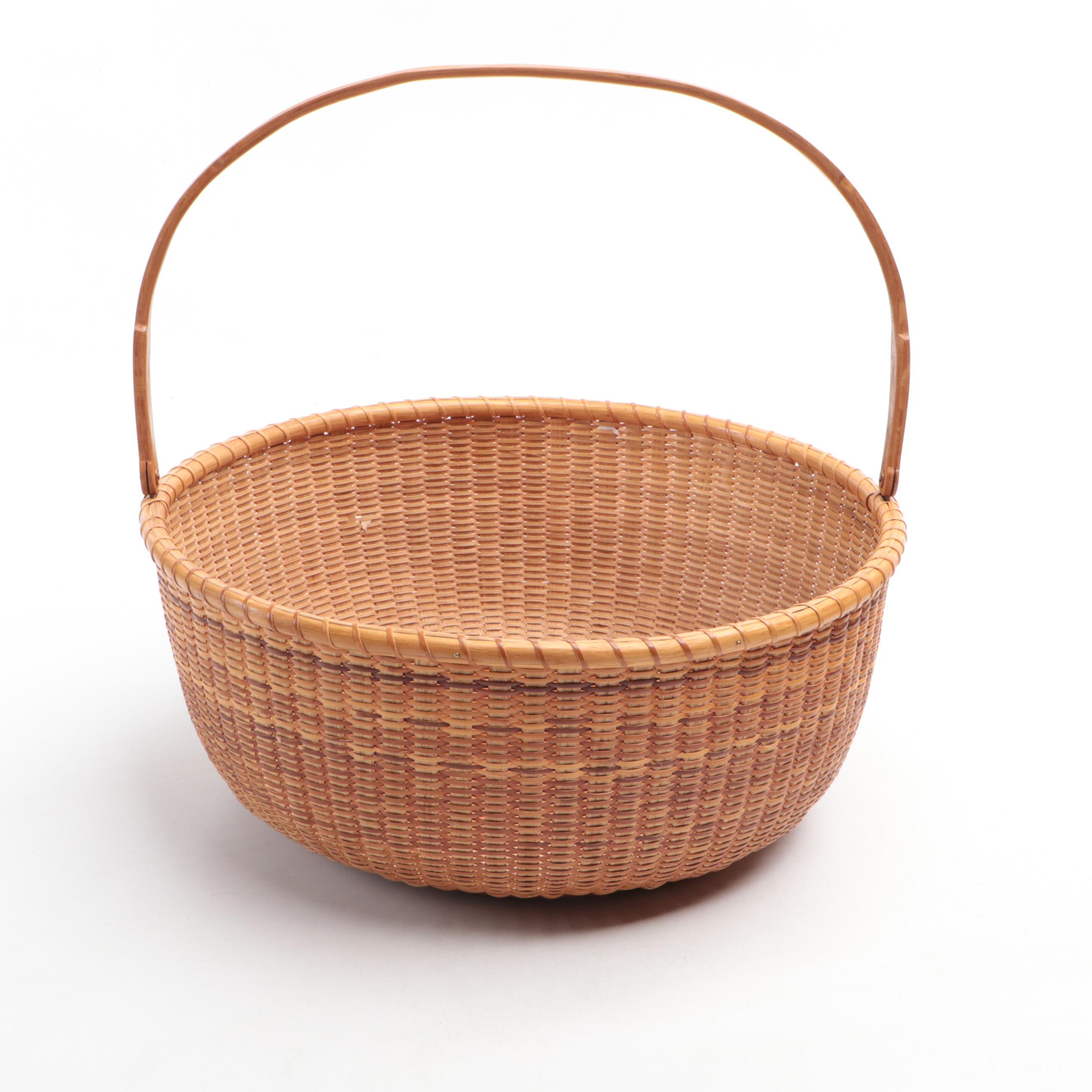 Artisan-Signed Nantucket Woven Round Basket and Serving Tray