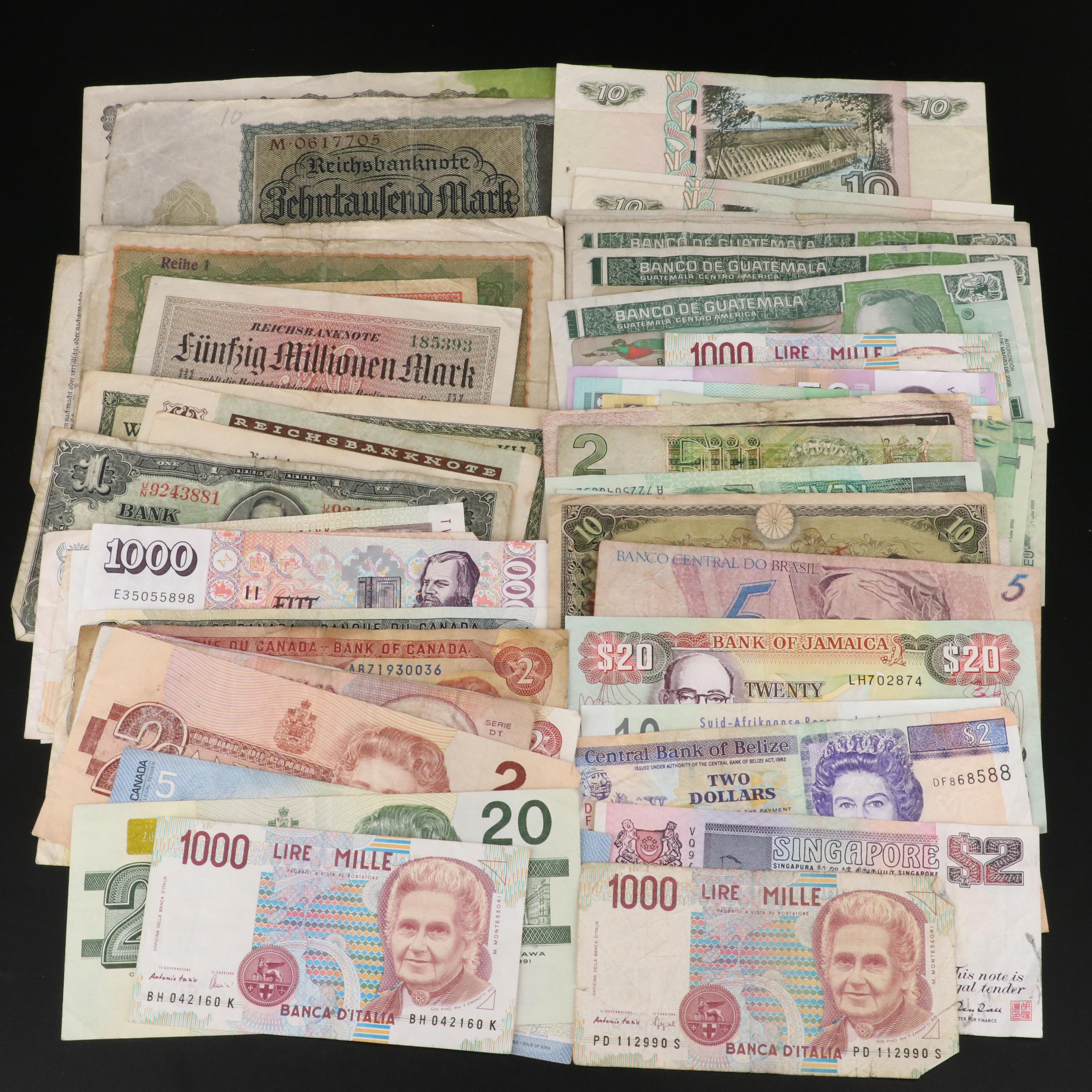 Group of Fifty-Five Pieces of Various Foreign Currency Notes