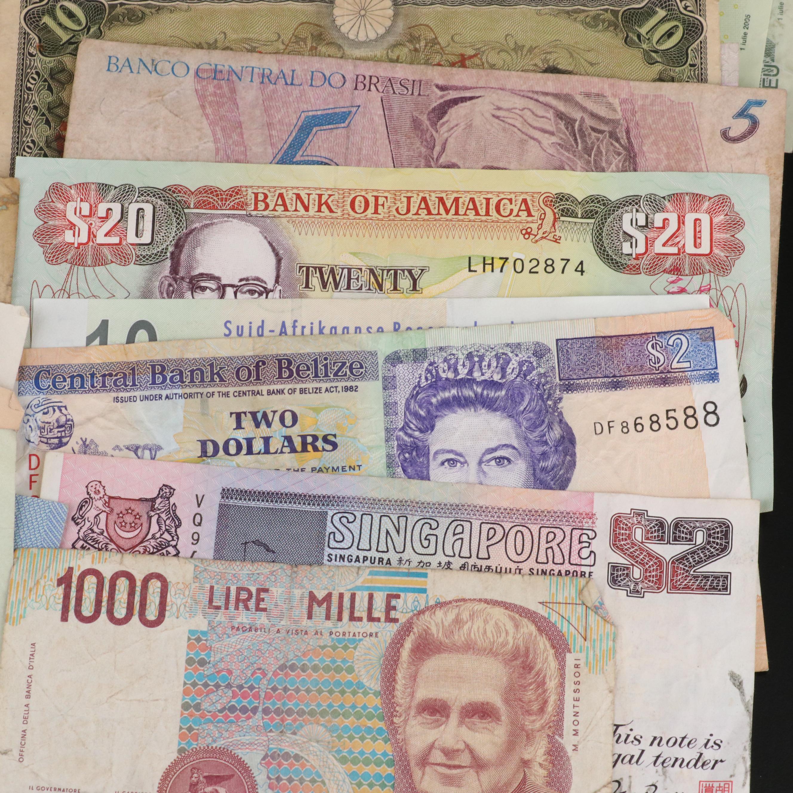 Group of Fifty-Five Pieces of Various Foreign Currency Notes