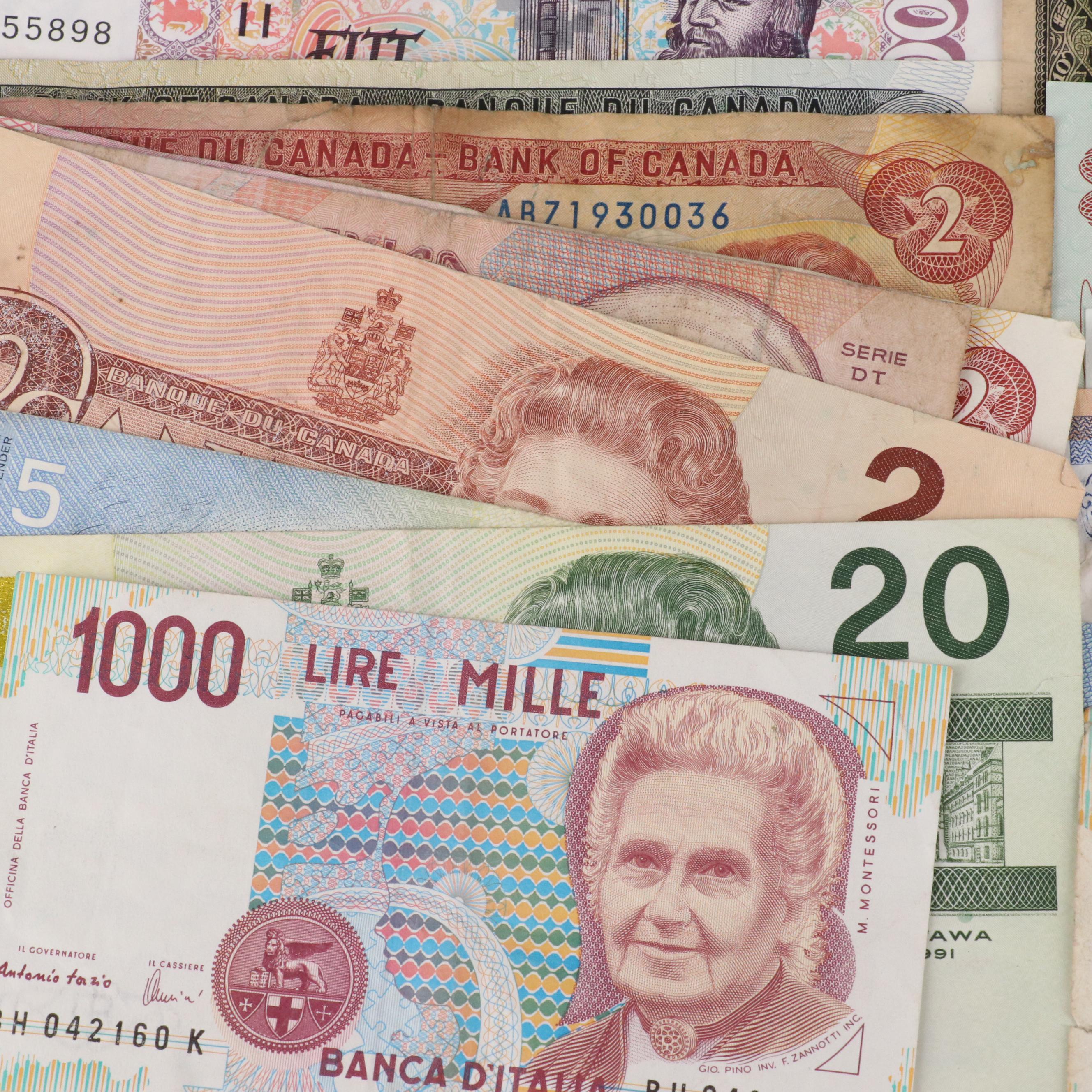 Group of Fifty-Five Pieces of Various Foreign Currency Notes