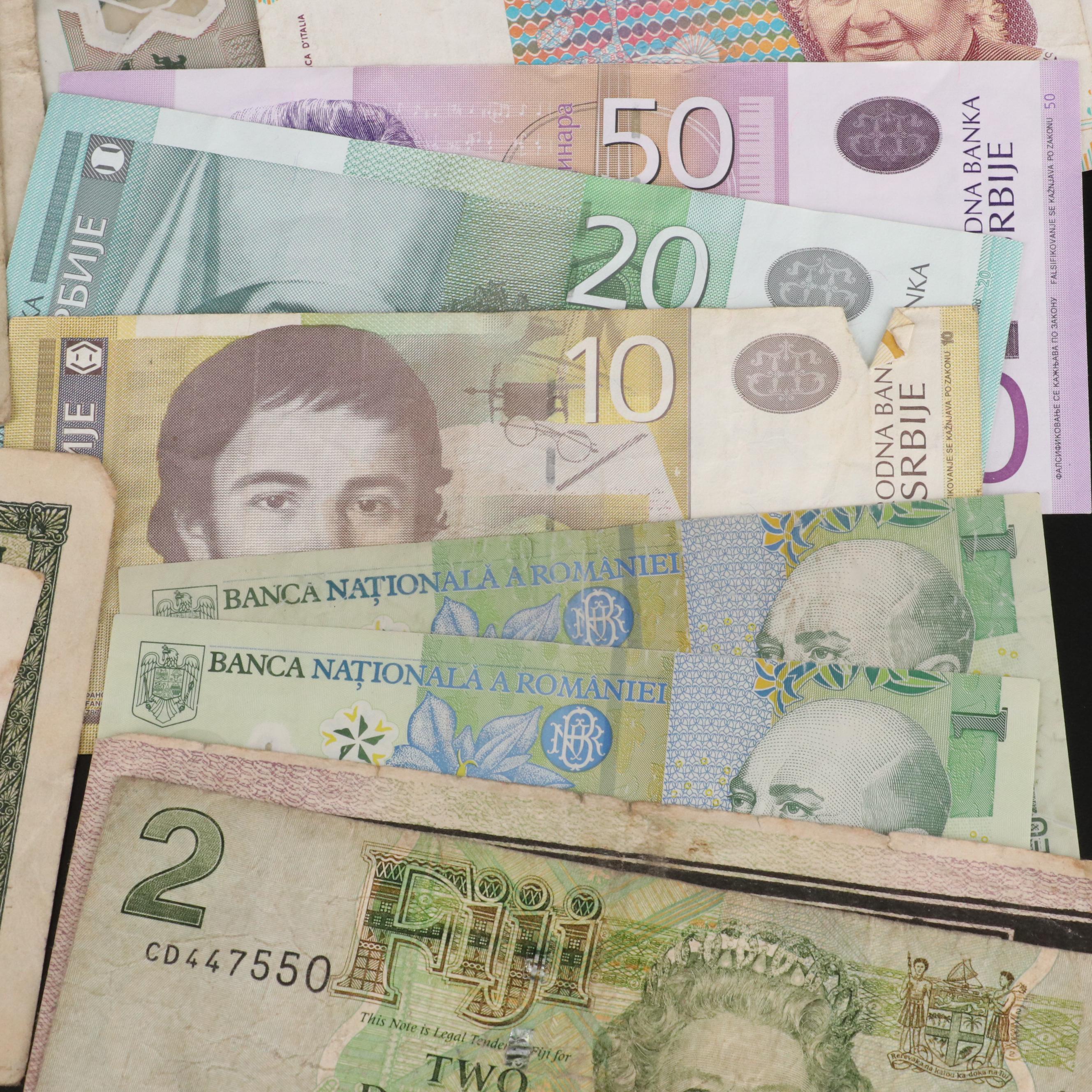 Group of Fifty-Five Pieces of Various Foreign Currency Notes