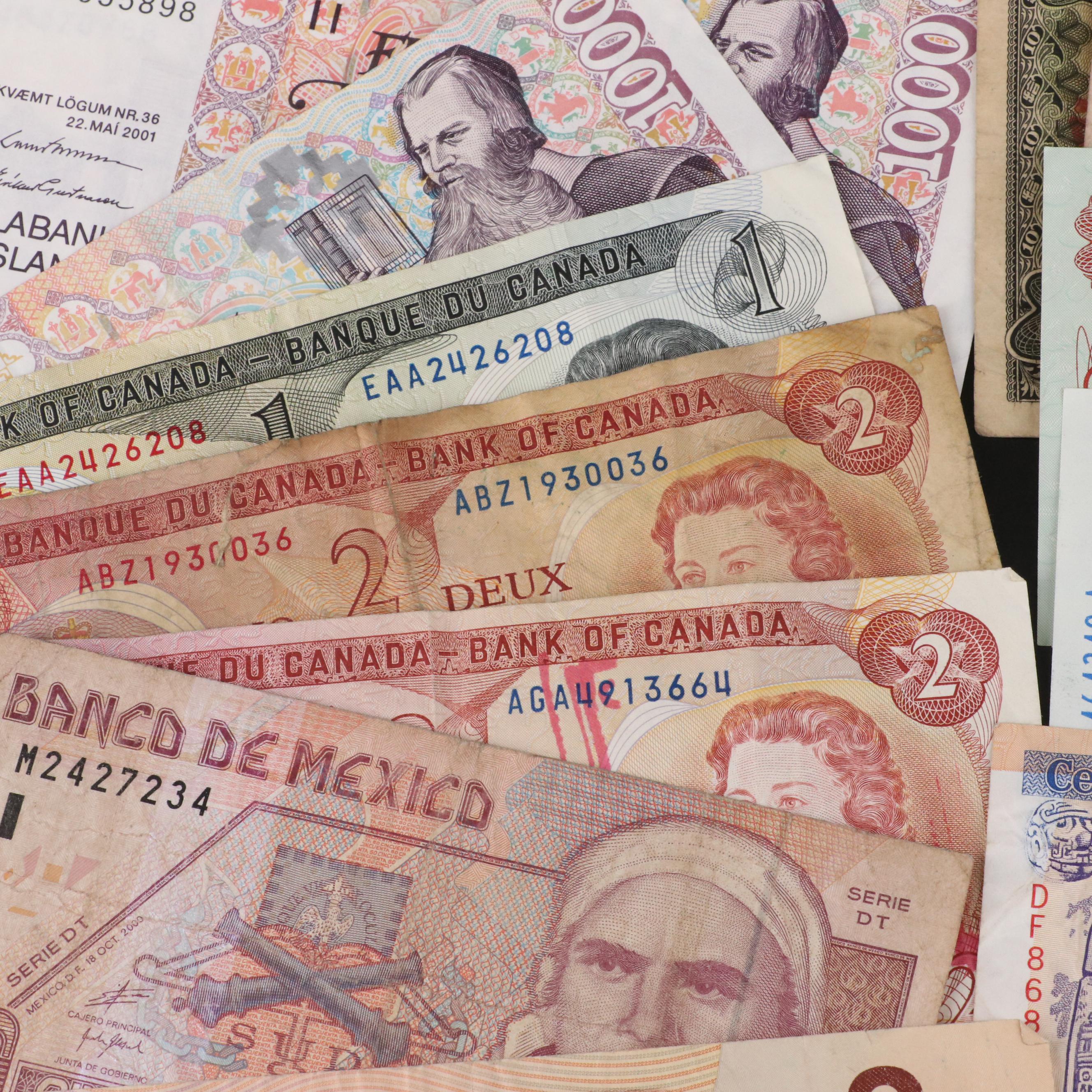 Group of Fifty-Five Pieces of Various Foreign Currency Notes