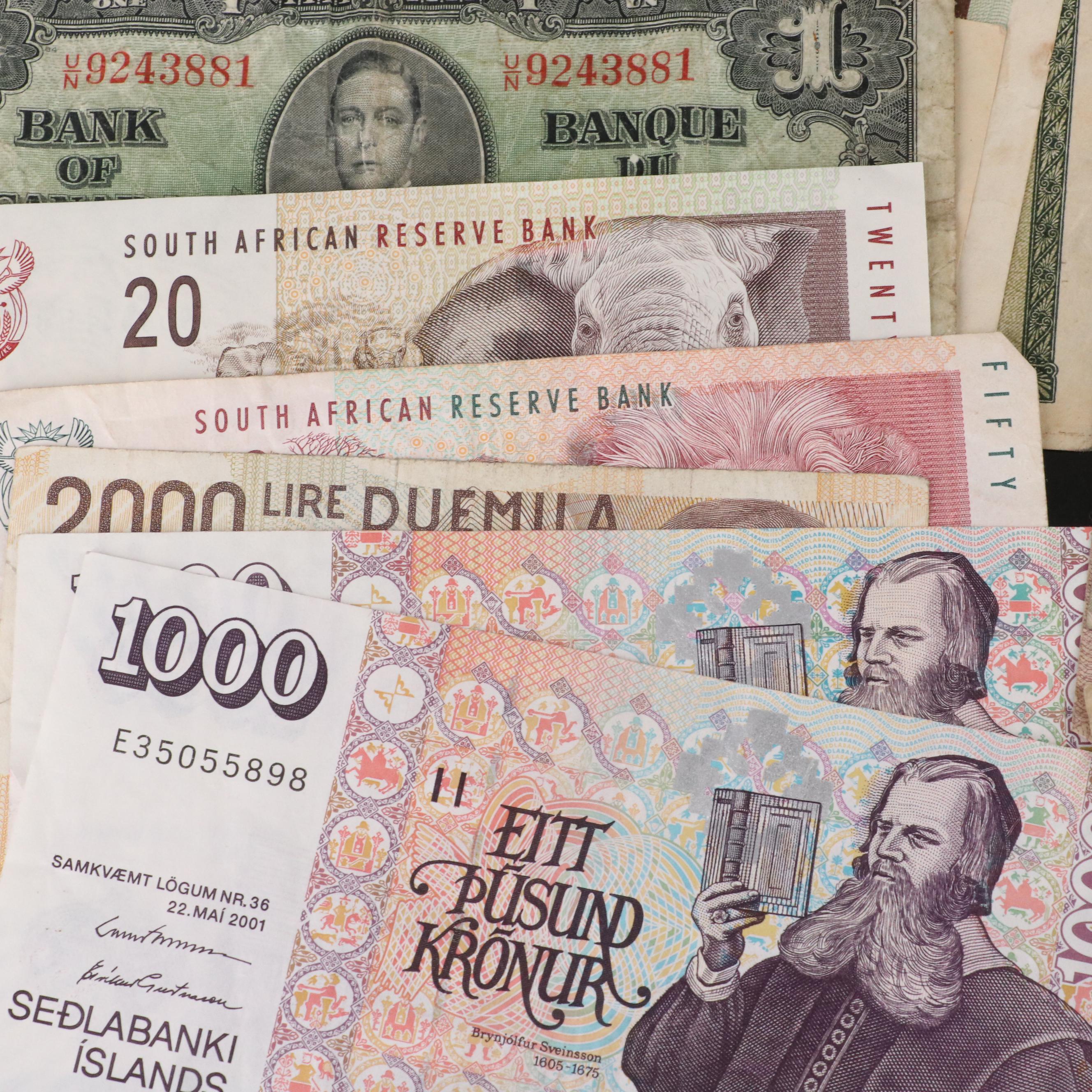 Group of Fifty-Five Pieces of Various Foreign Currency Notes