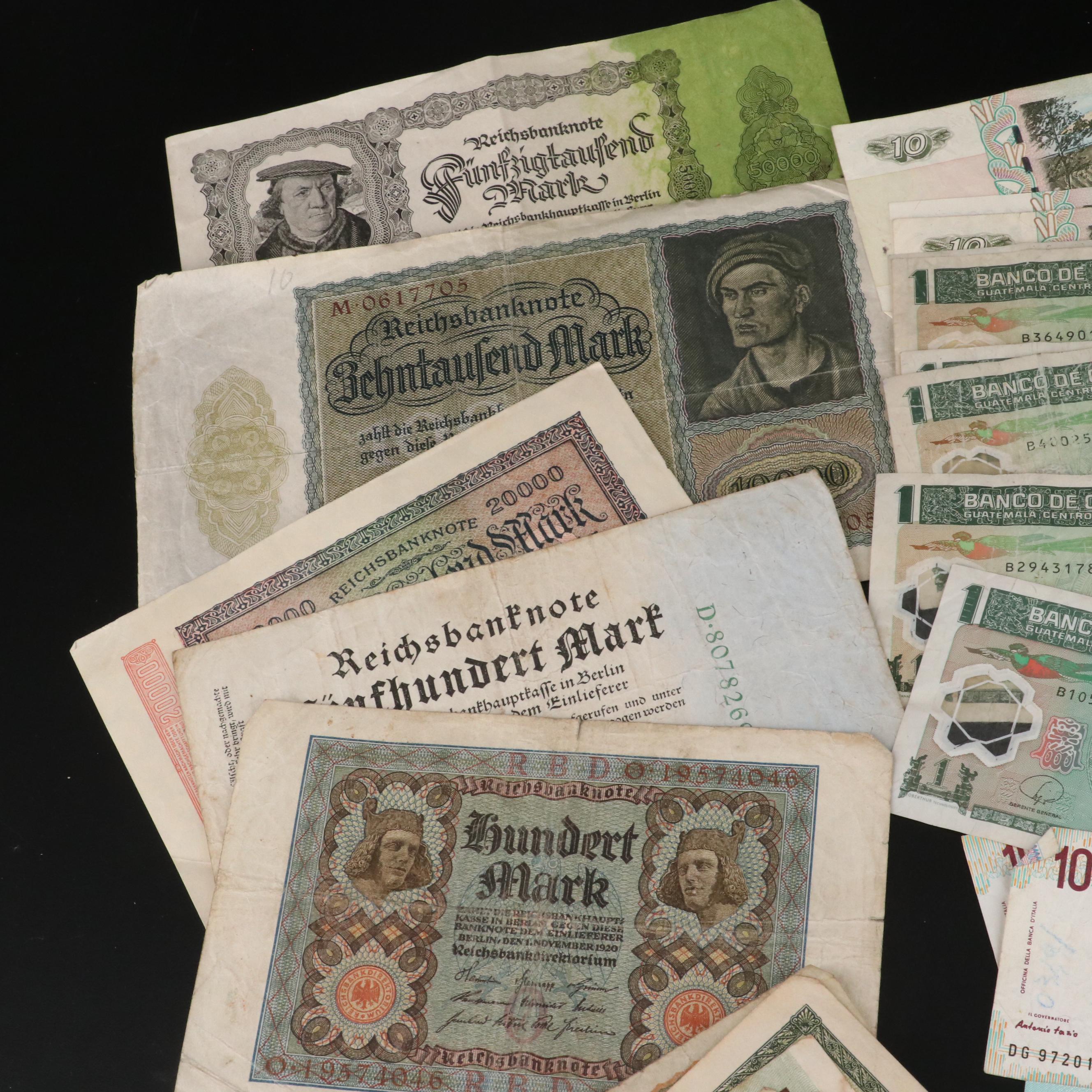Group of Fifty-Five Pieces of Various Foreign Currency Notes