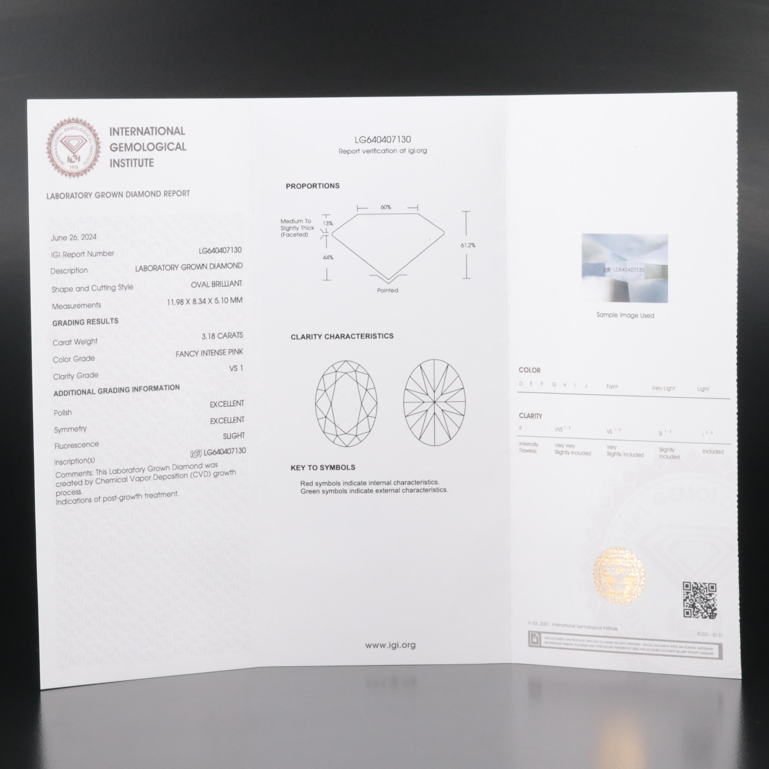 Loose 3.18 CT Lab Grown Fancy Pink Diamond with IGI Report