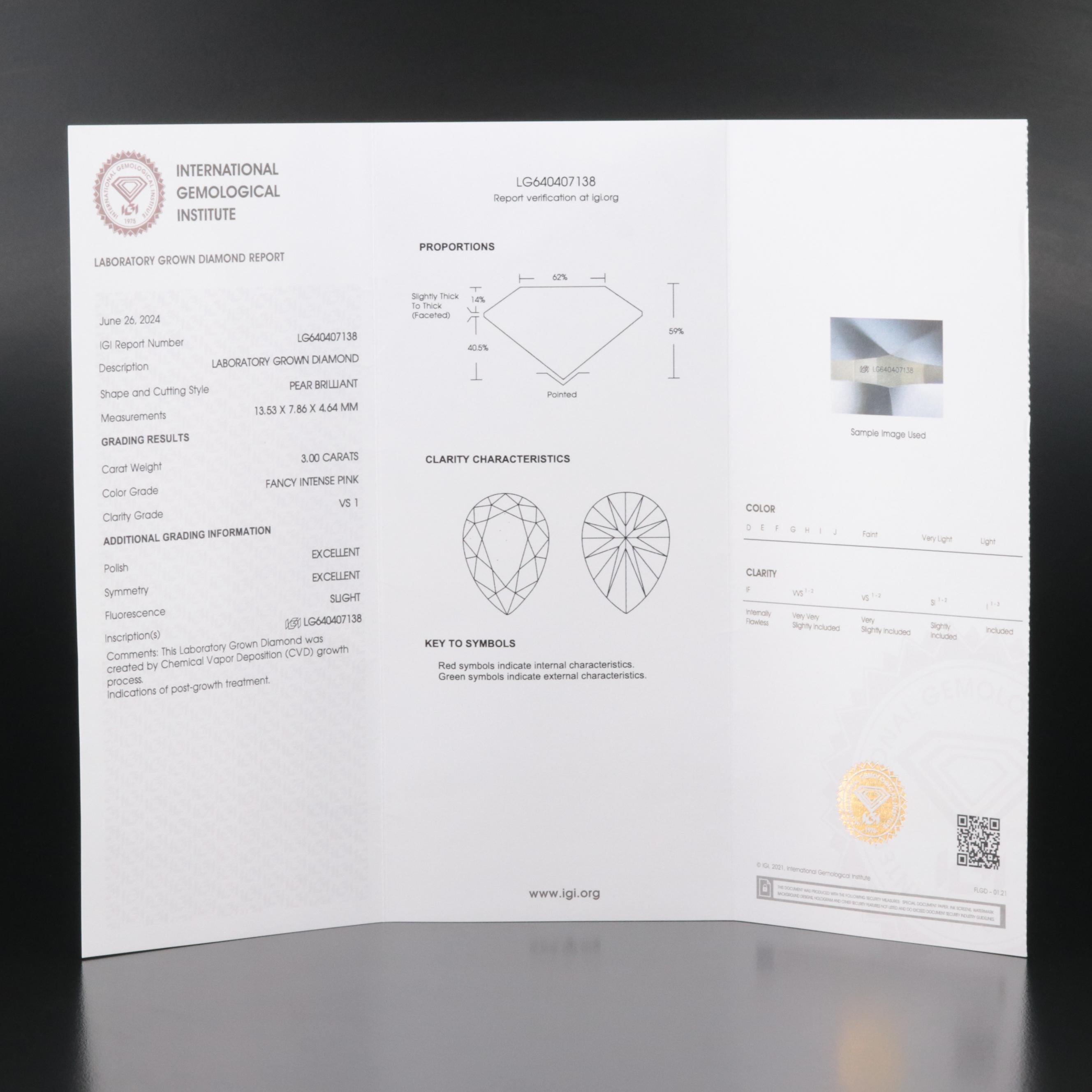 Loose 3.00 CT Lab Grown Fancy Pink Diamond with IGI Report