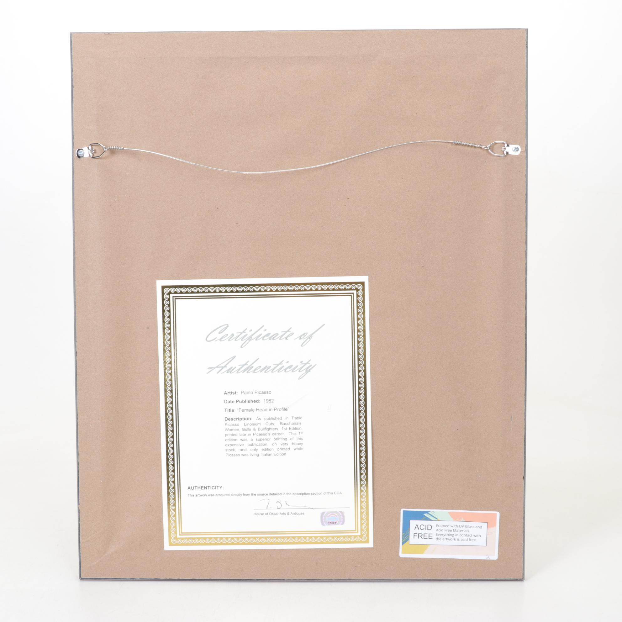 Pablo Picasso Linocut "Tete de Femme de Profil"