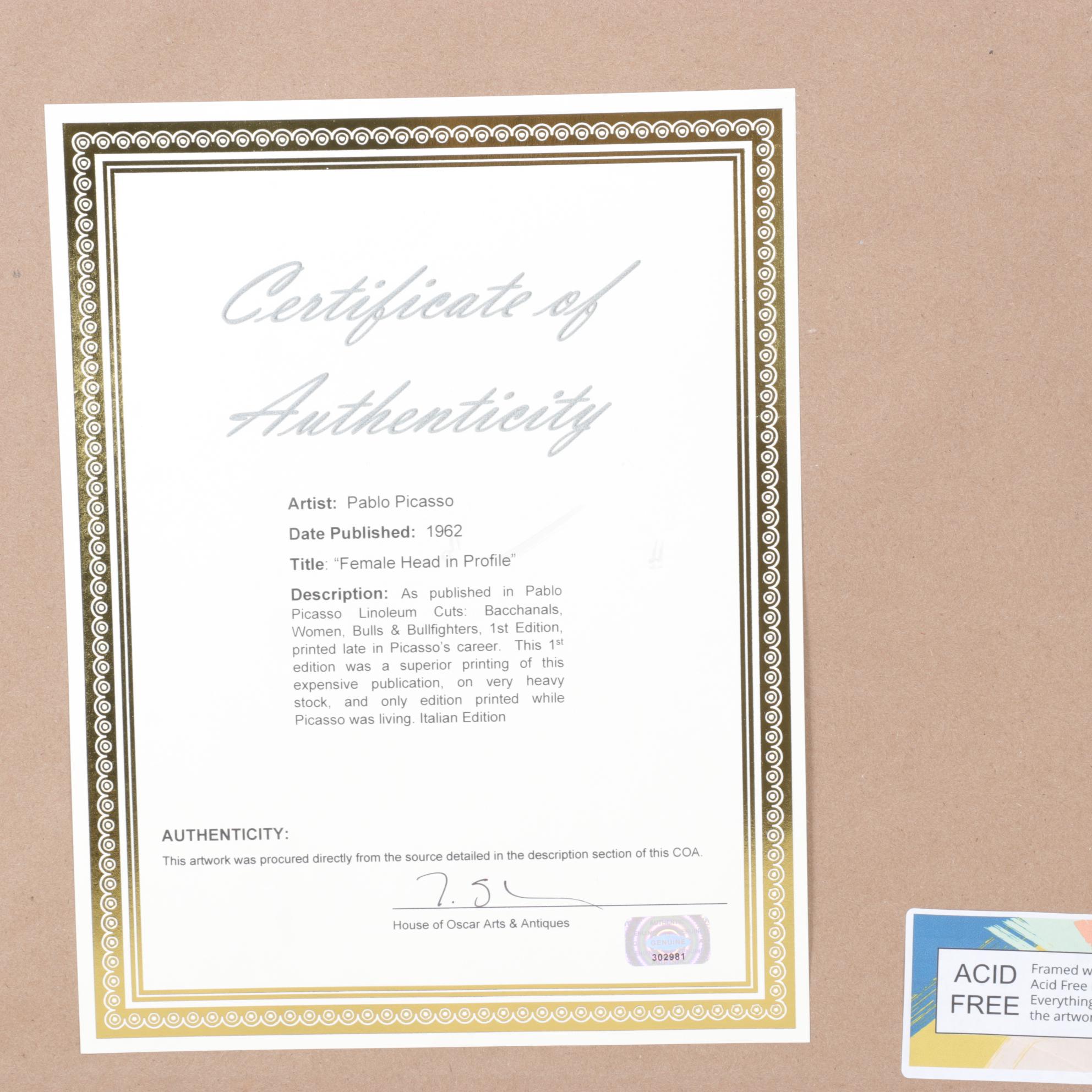 Pablo Picasso Linocut "Tete de Femme de Profil"