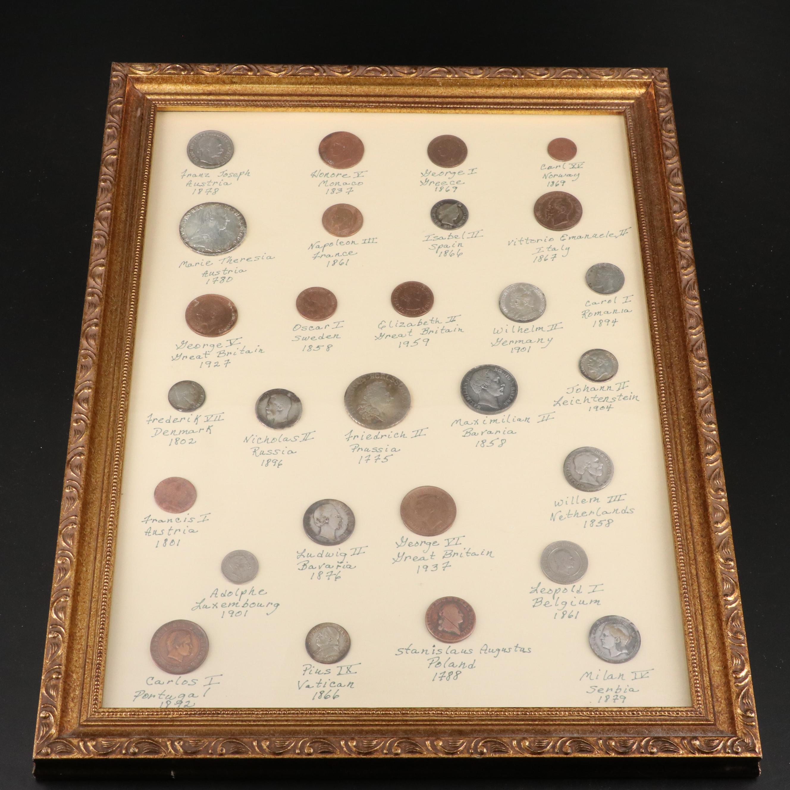 Framed Antique World Coin Set, Including Silver Coins