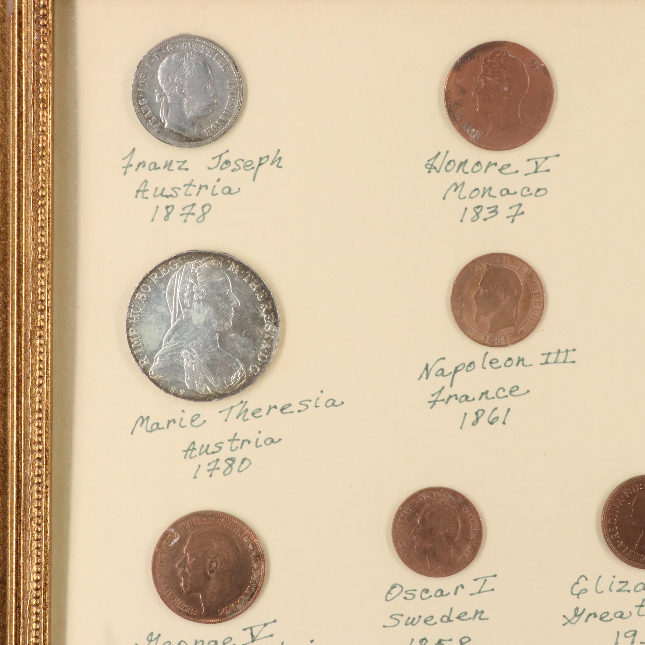 Framed Antique World Coin Set, Including Silver Coins