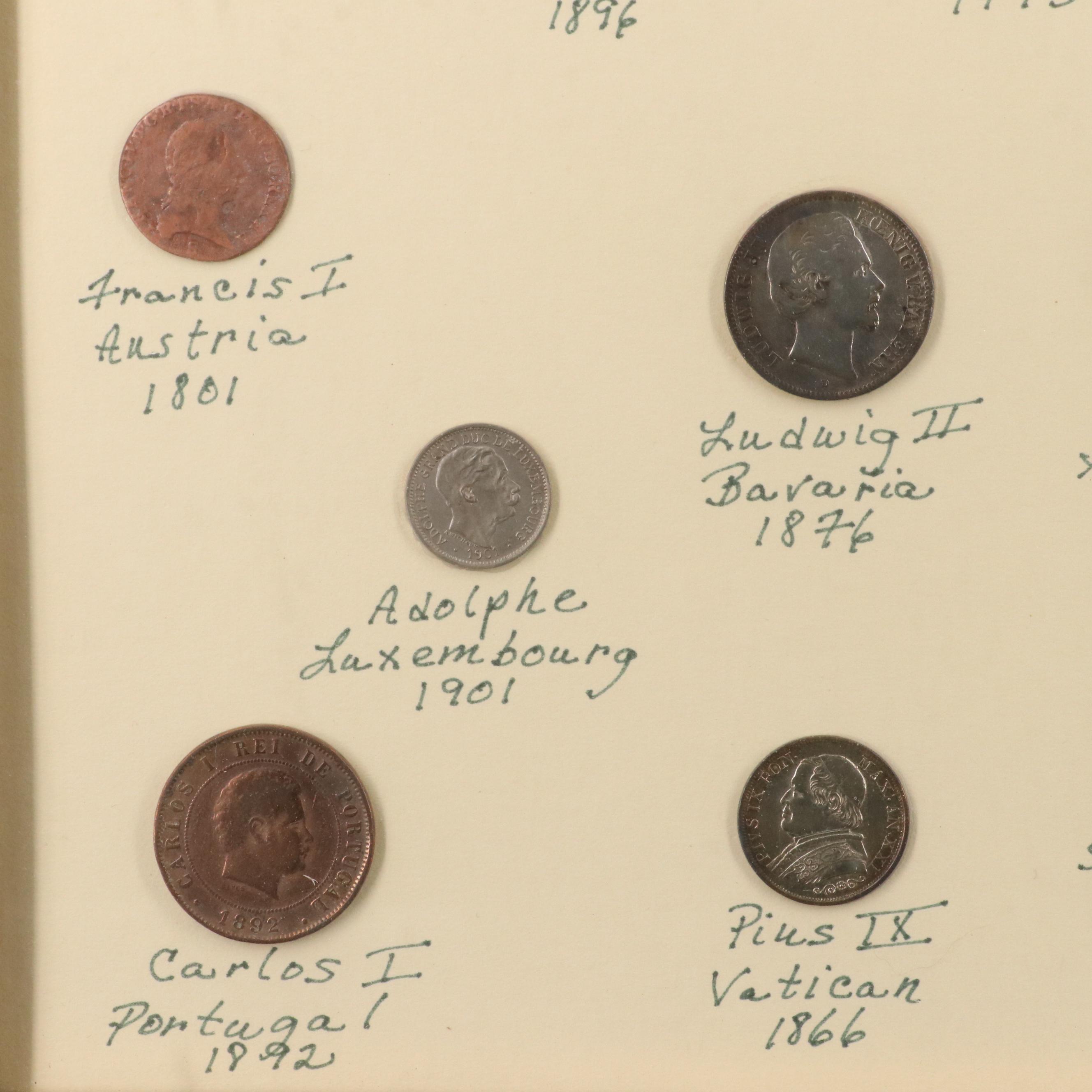Framed Antique World Coin Set, Including Silver Coins