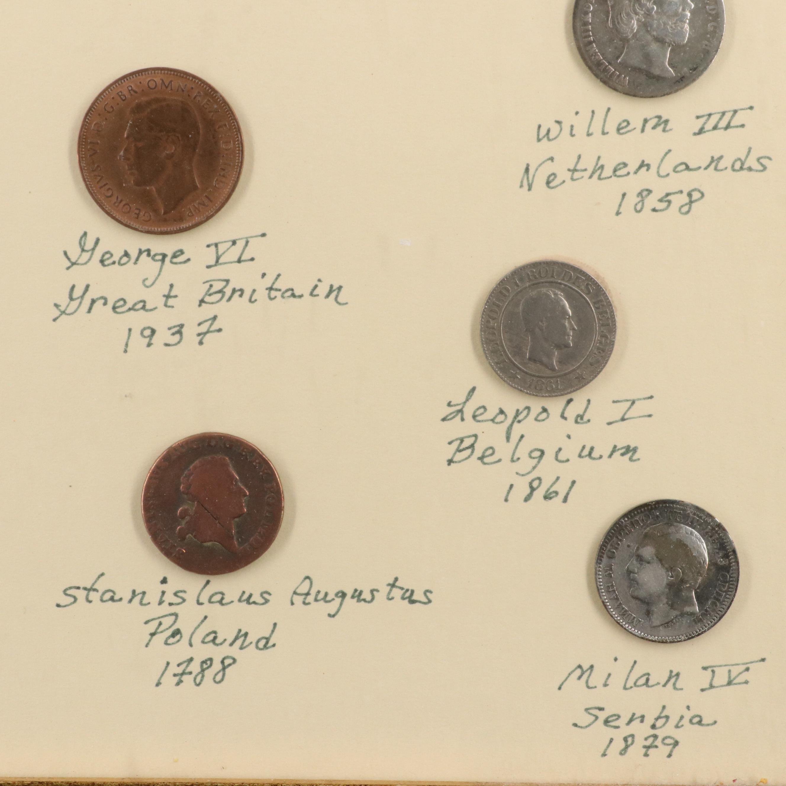 Framed Antique World Coin Set, Including Silver Coins