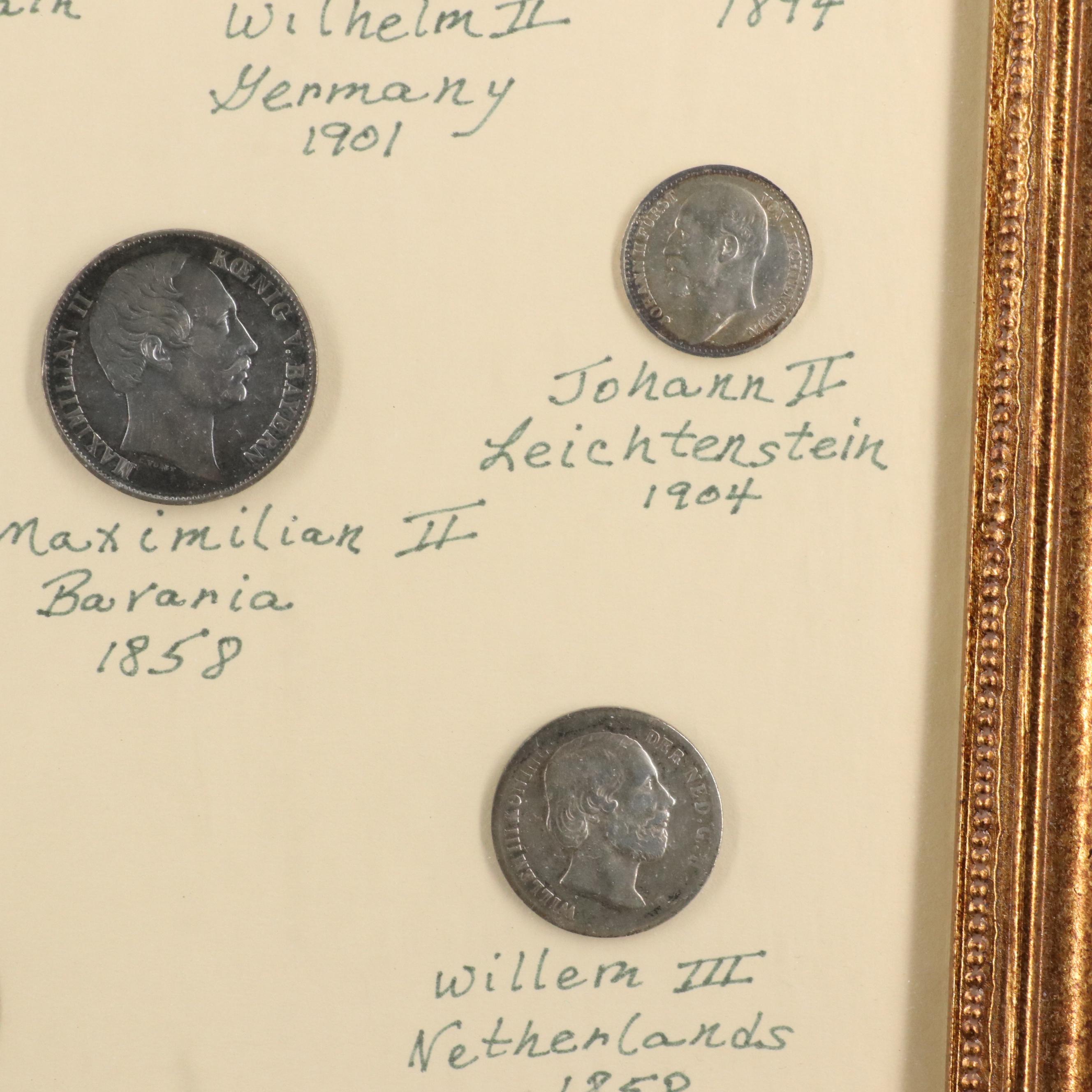 Framed Antique World Coin Set, Including Silver Coins