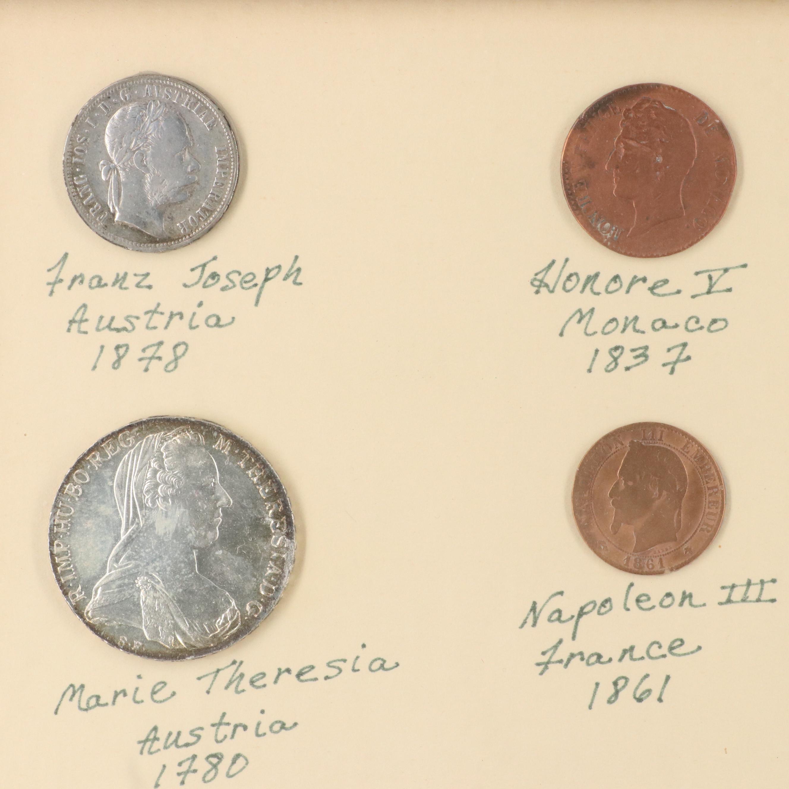 Framed Antique World Coin Set, Including Silver Coins