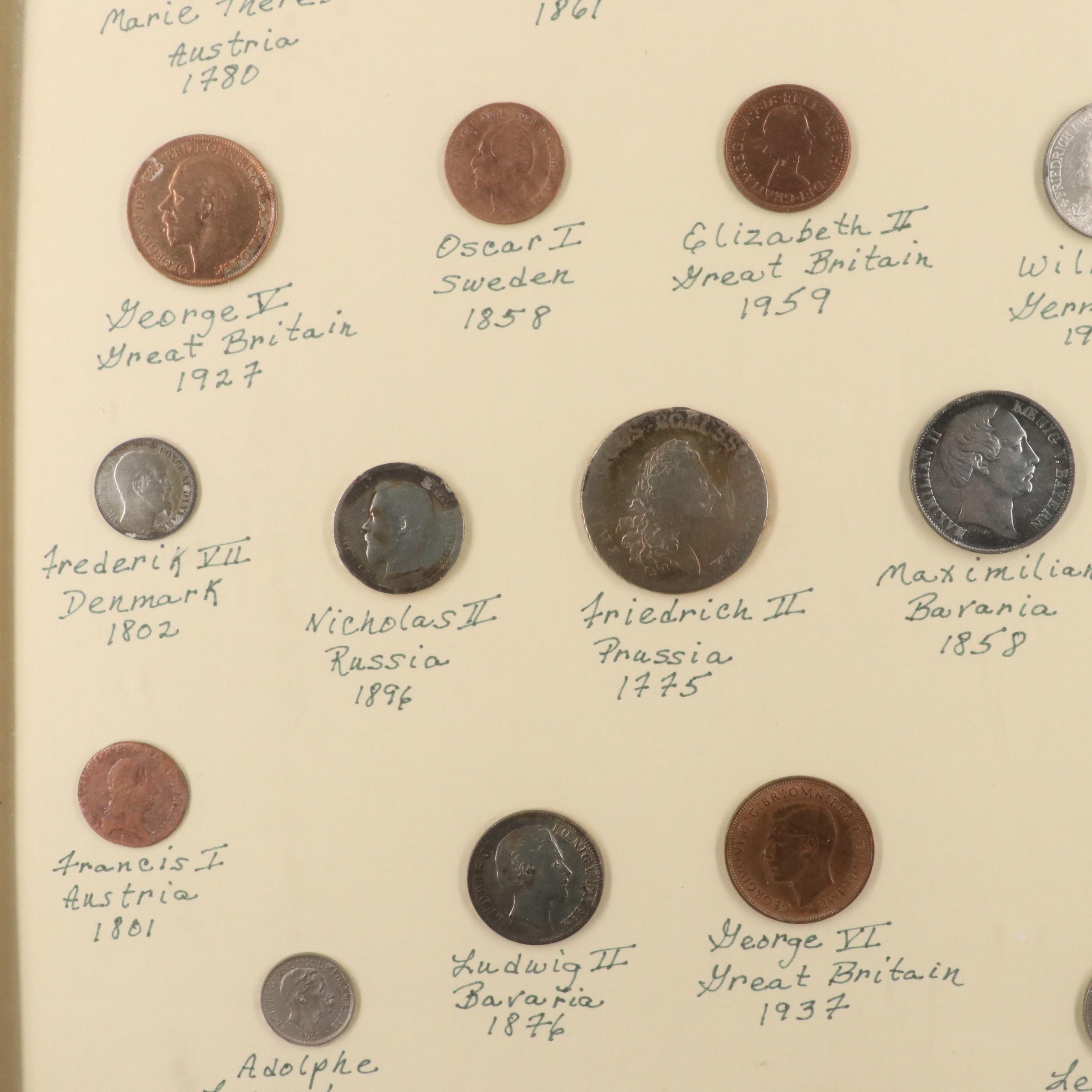 Framed Antique World Coin Set, Including Silver Coins