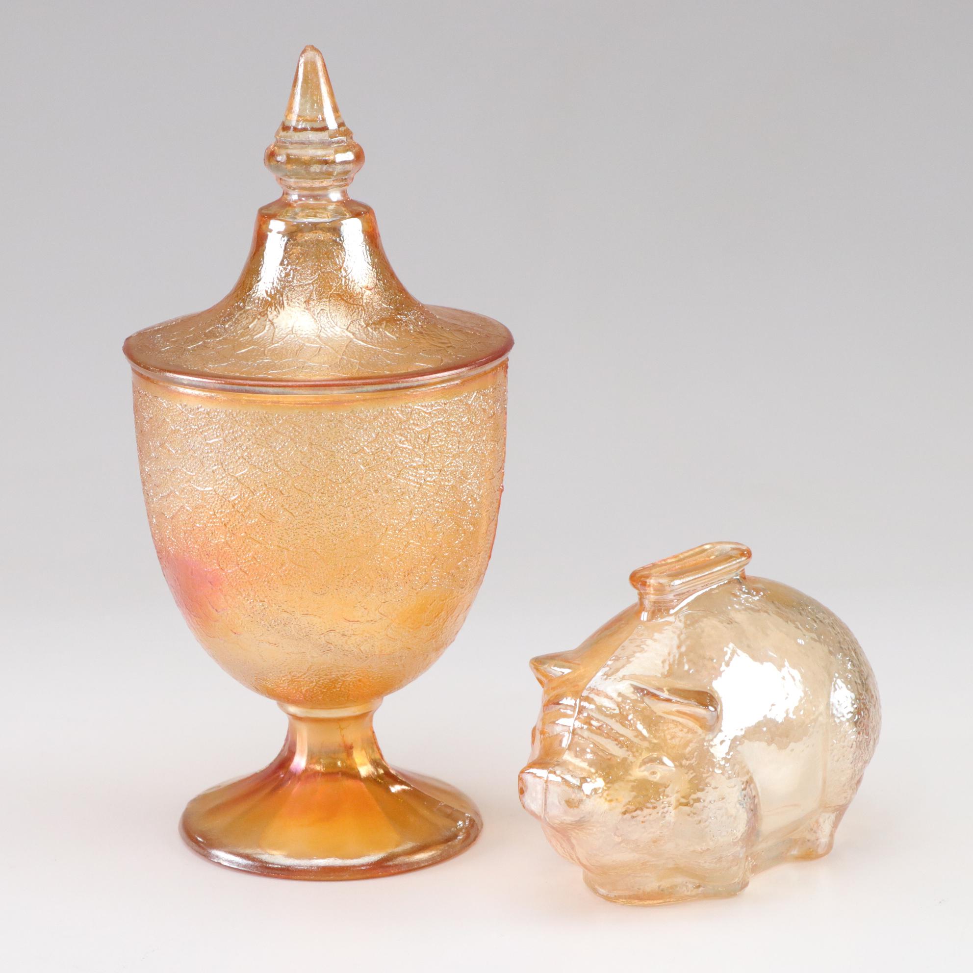 Imperial Glass Co. Footed Candy Dish & Anchor Hocking Carnival Glass Coin Bank