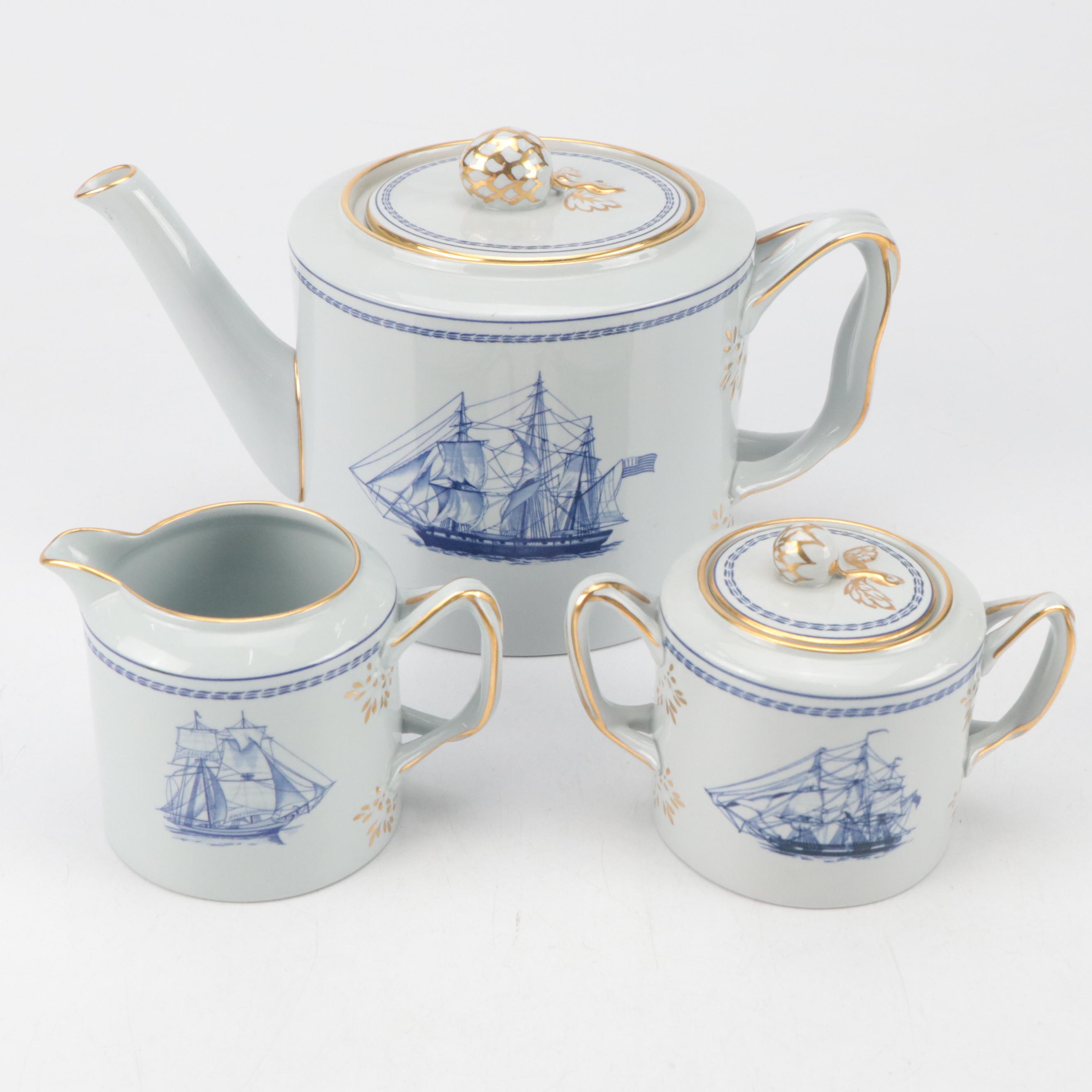 Spode Stoneware "Trade Winds Blue" Teapot, Creamer and Lidded Sugar