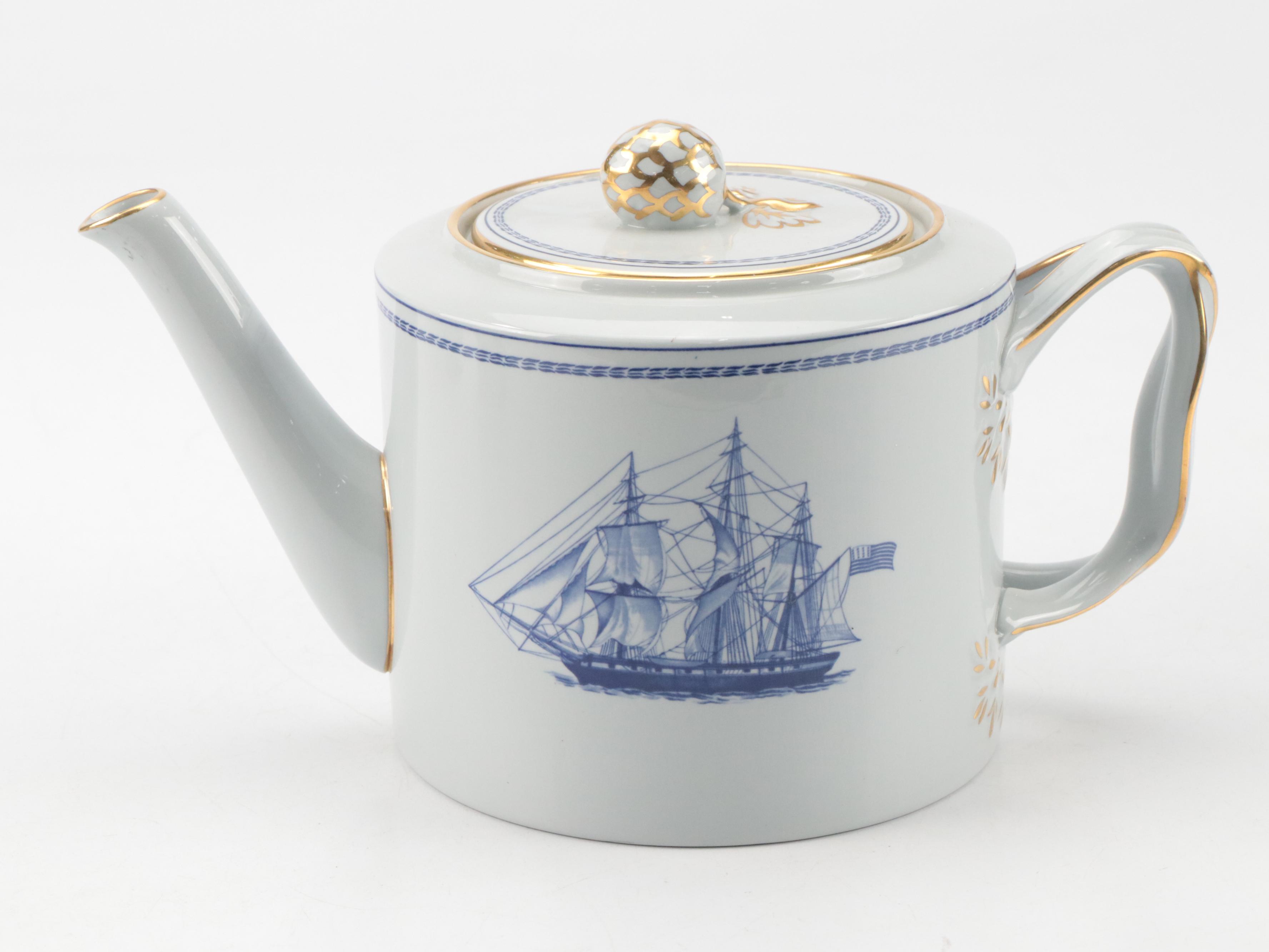Spode Stoneware "Trade Winds Blue" Teapot, Creamer and Lidded Sugar