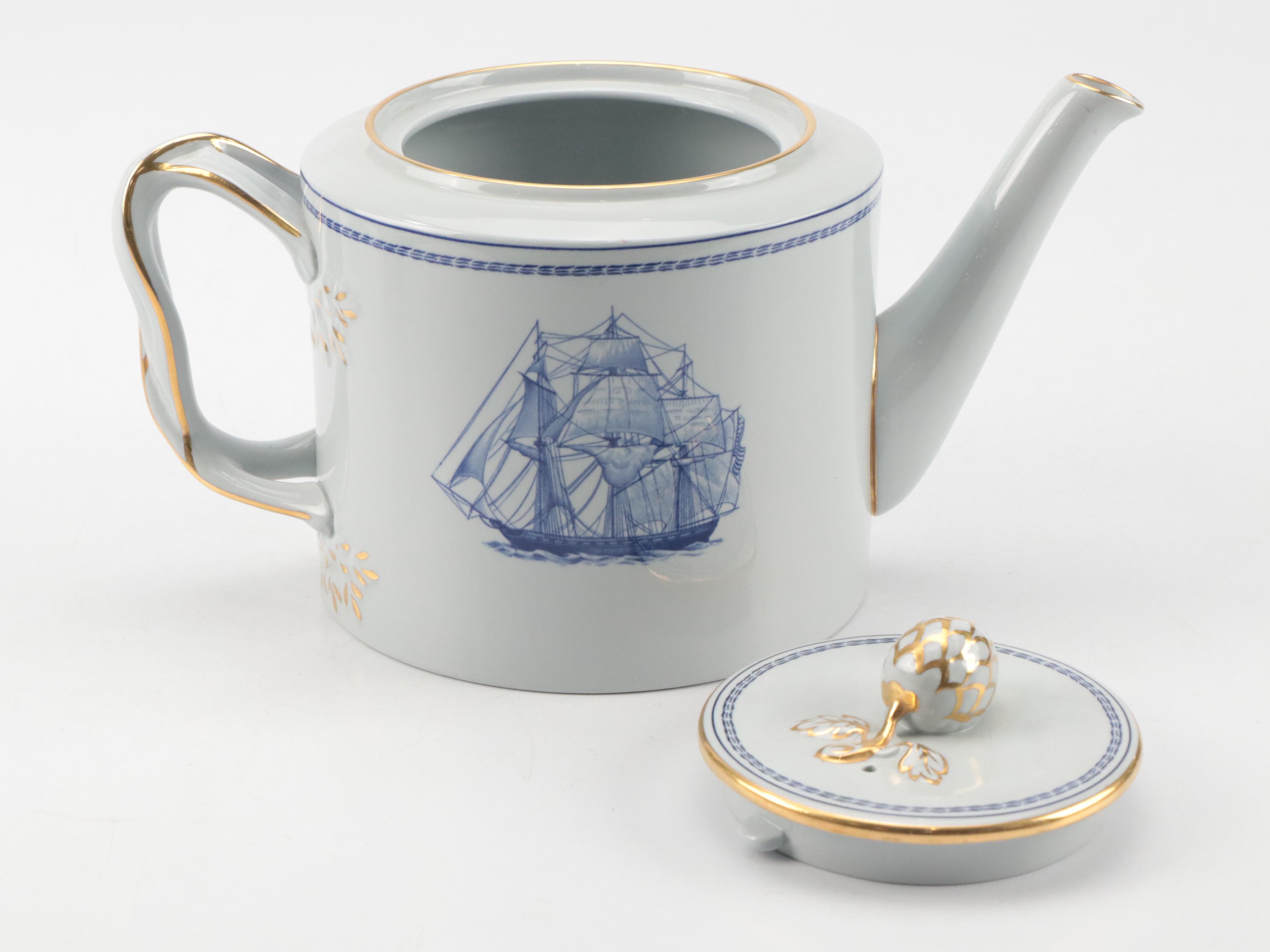 Spode Stoneware "Trade Winds Blue" Teapot, Creamer and Lidded Sugar