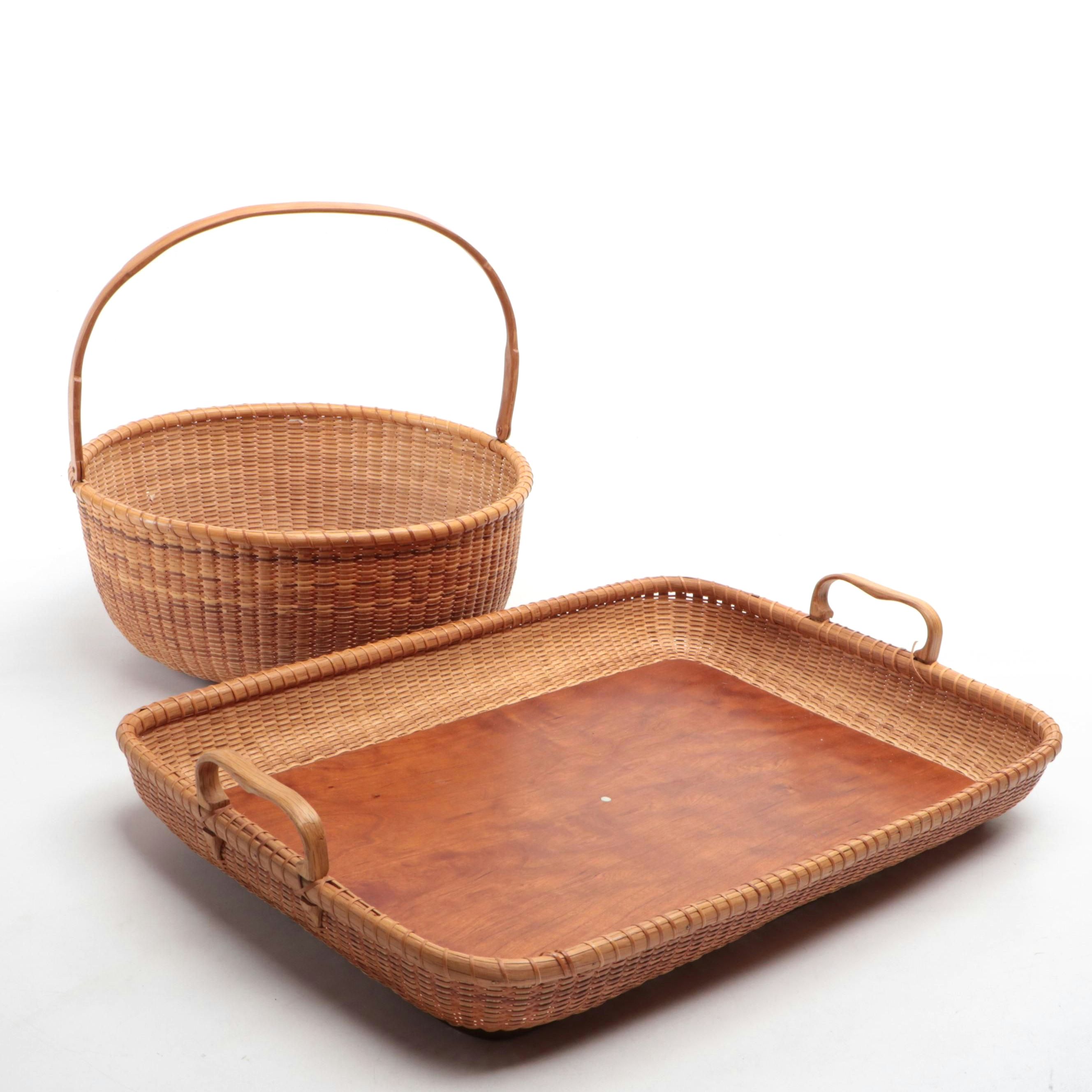 Artisan-Signed Nantucket Woven Round Basket and Serving Tray
