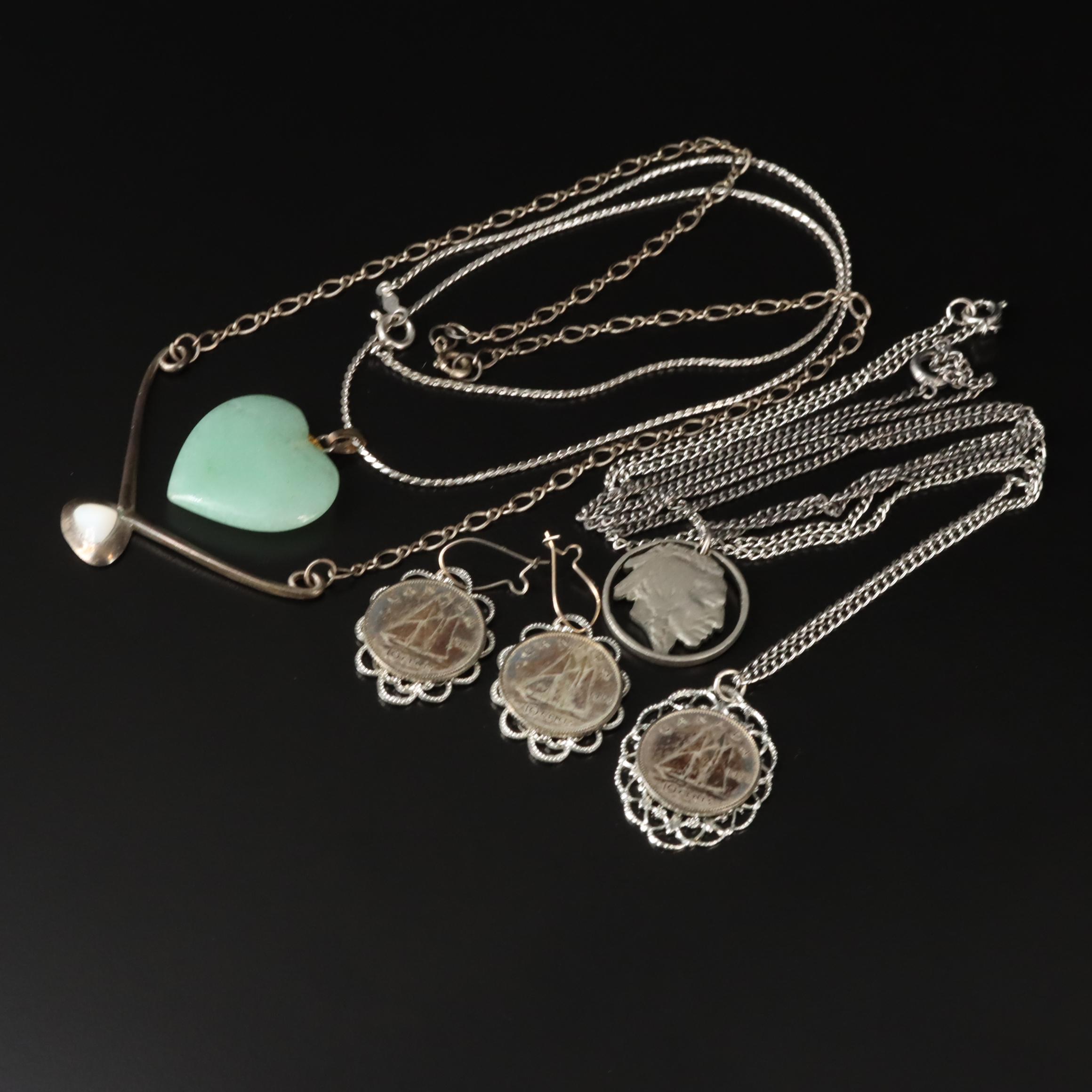 Buffalo Nickel, Canadian Coins, Sterling and 900 Silver Featured in Jewelry