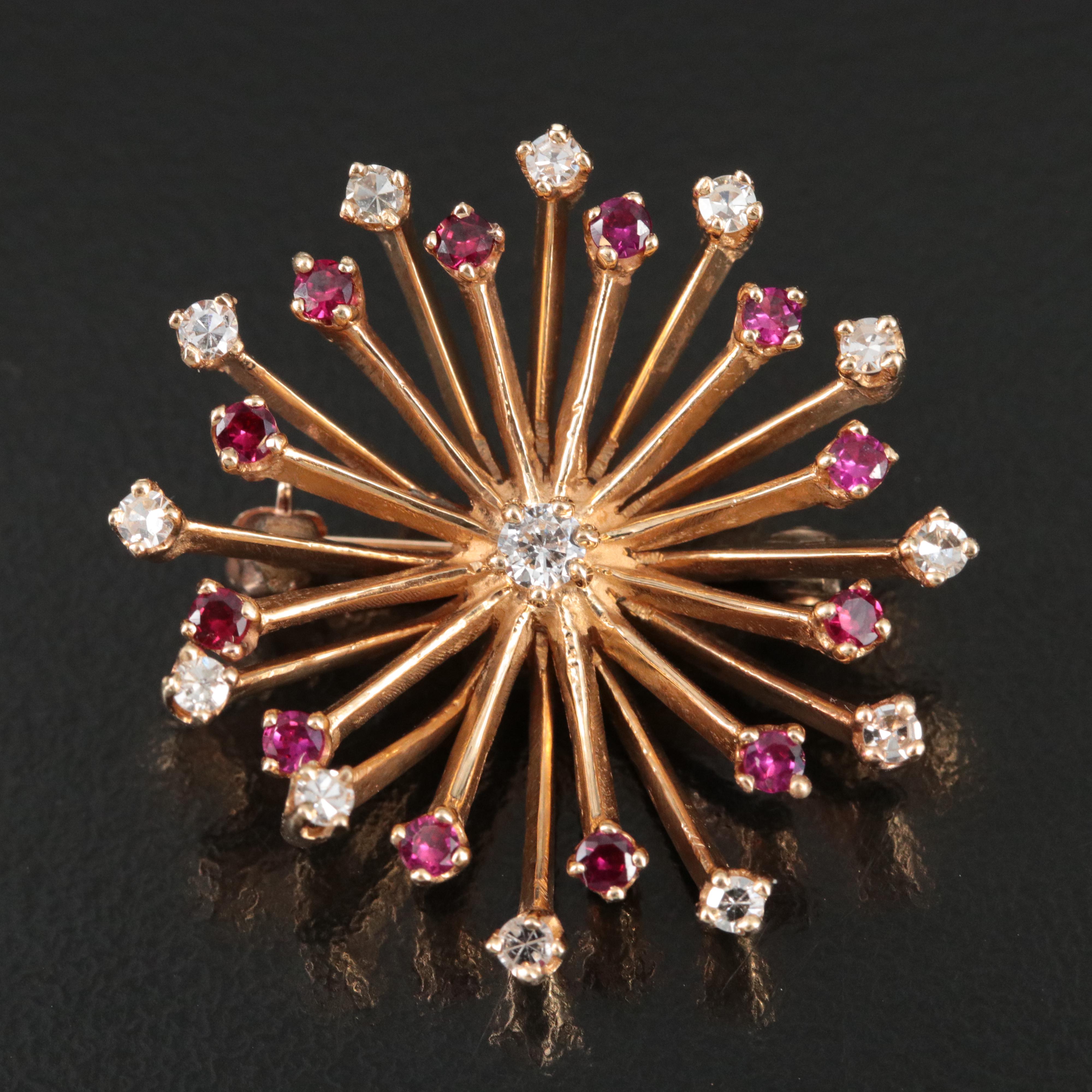 1940s 14K 0.44 Diamond and Ruby Flower Burst Brooch