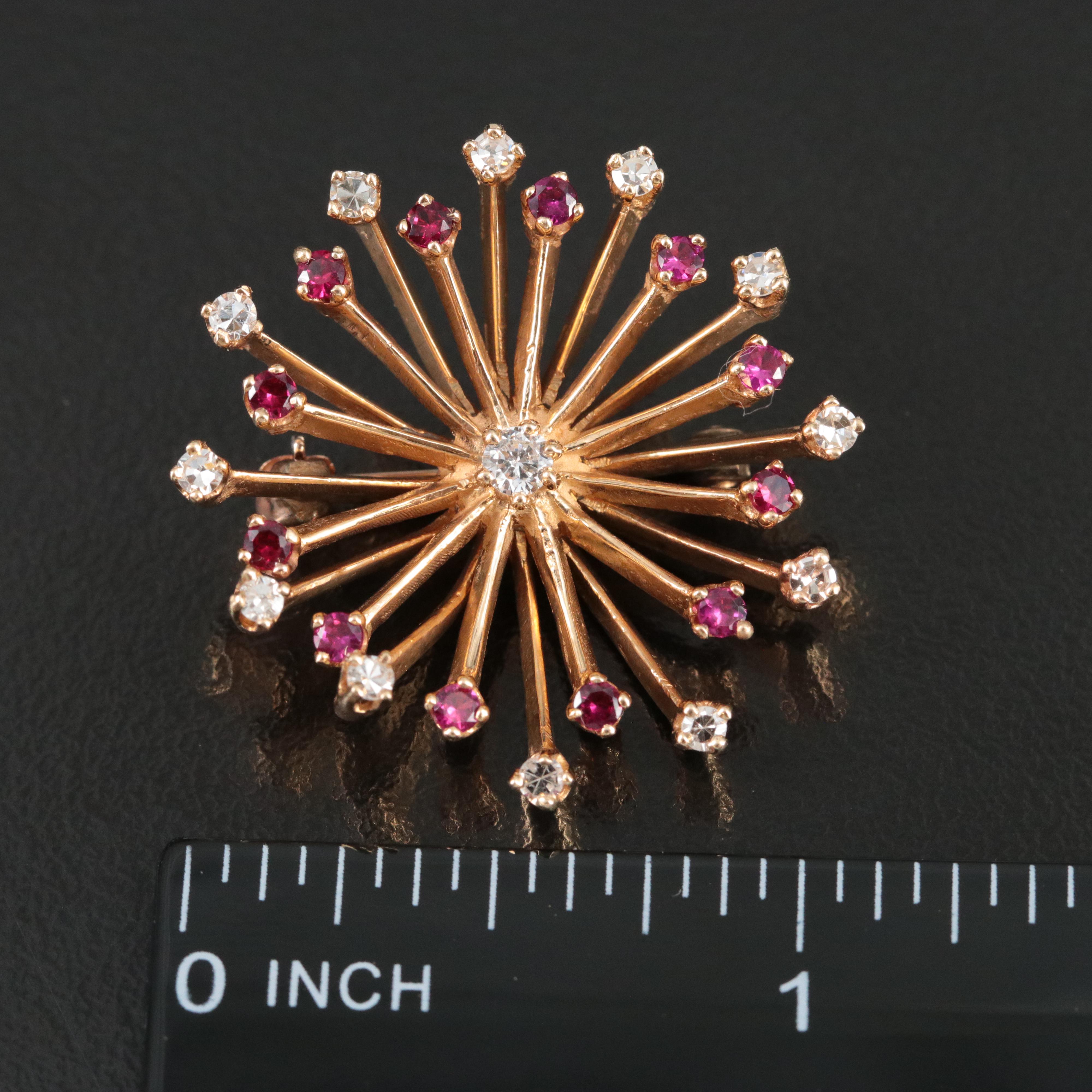 1940s 14K 0.44 Diamond and Ruby Flower Burst Brooch