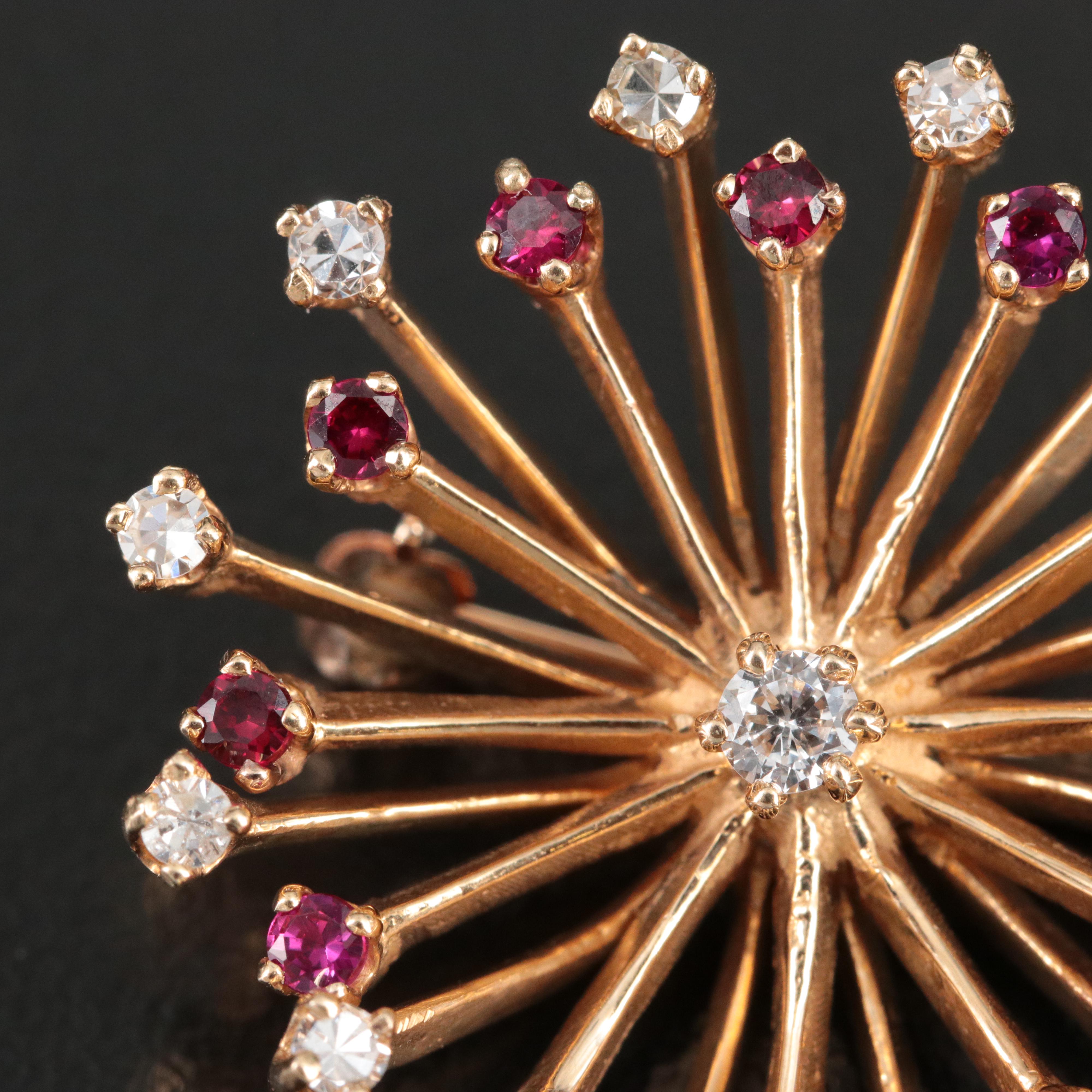 1940s 14K 0.44 Diamond and Ruby Flower Burst Brooch