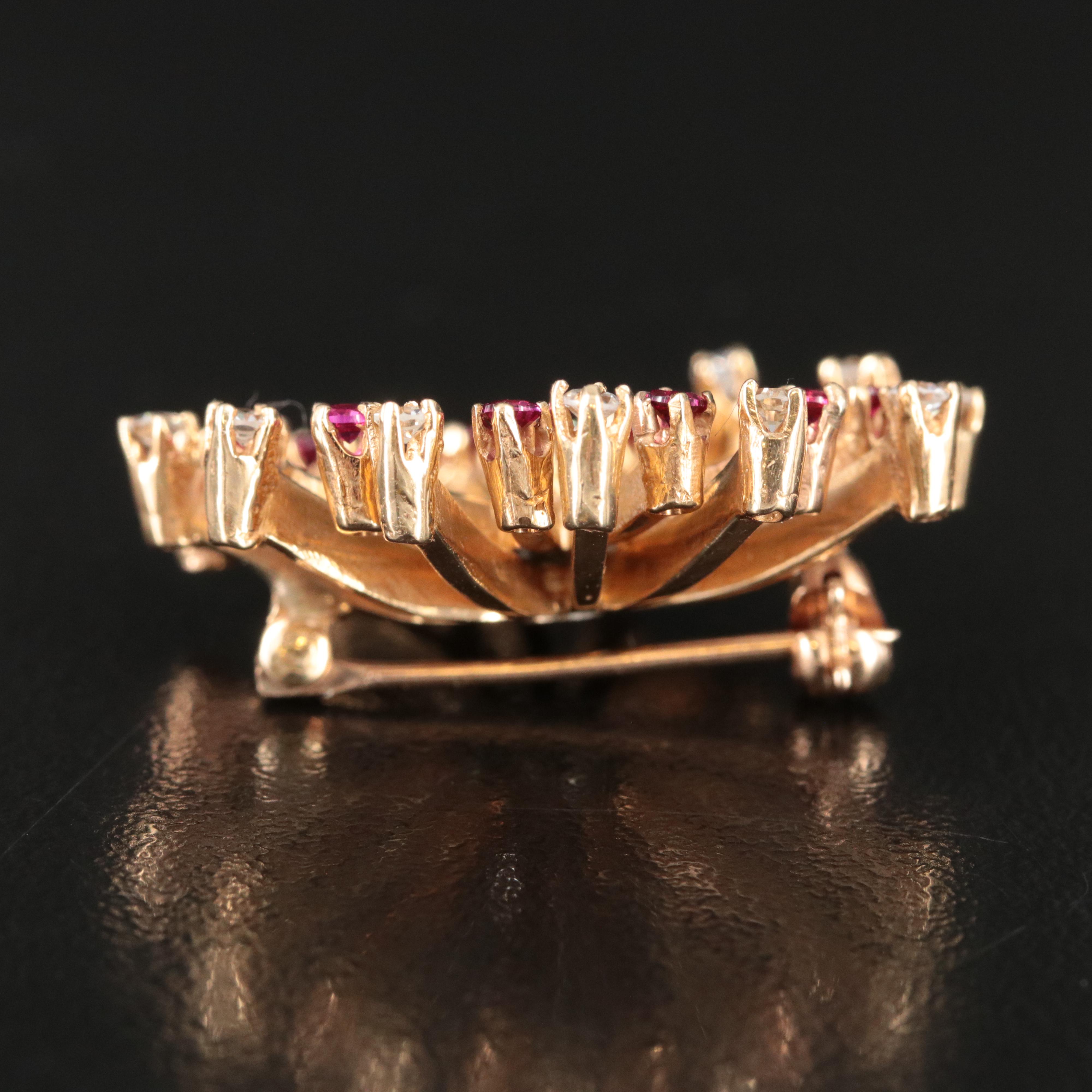 1940s 14K 0.44 Diamond and Ruby Flower Burst Brooch