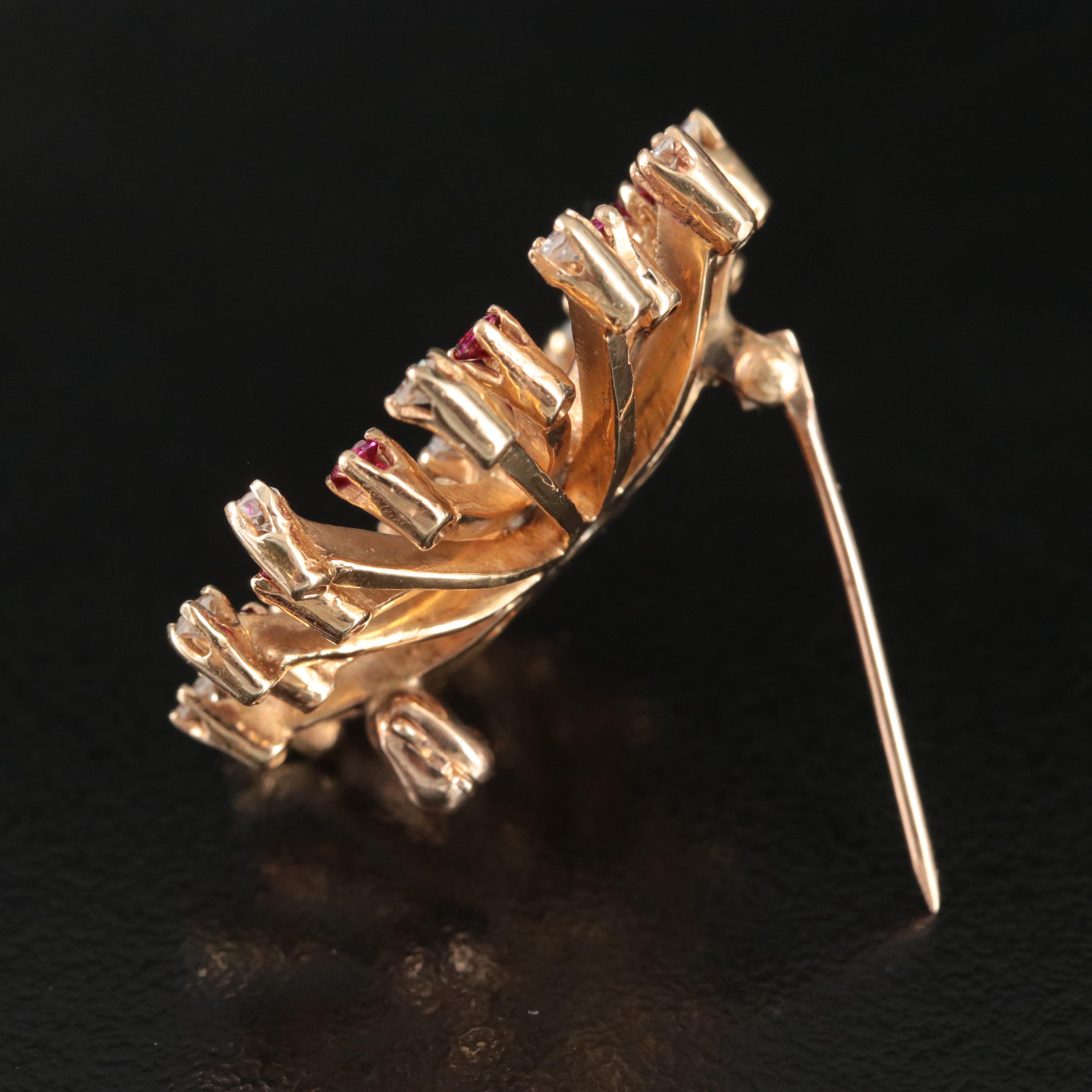 1940s 14K 0.44 Diamond and Ruby Flower Burst Brooch