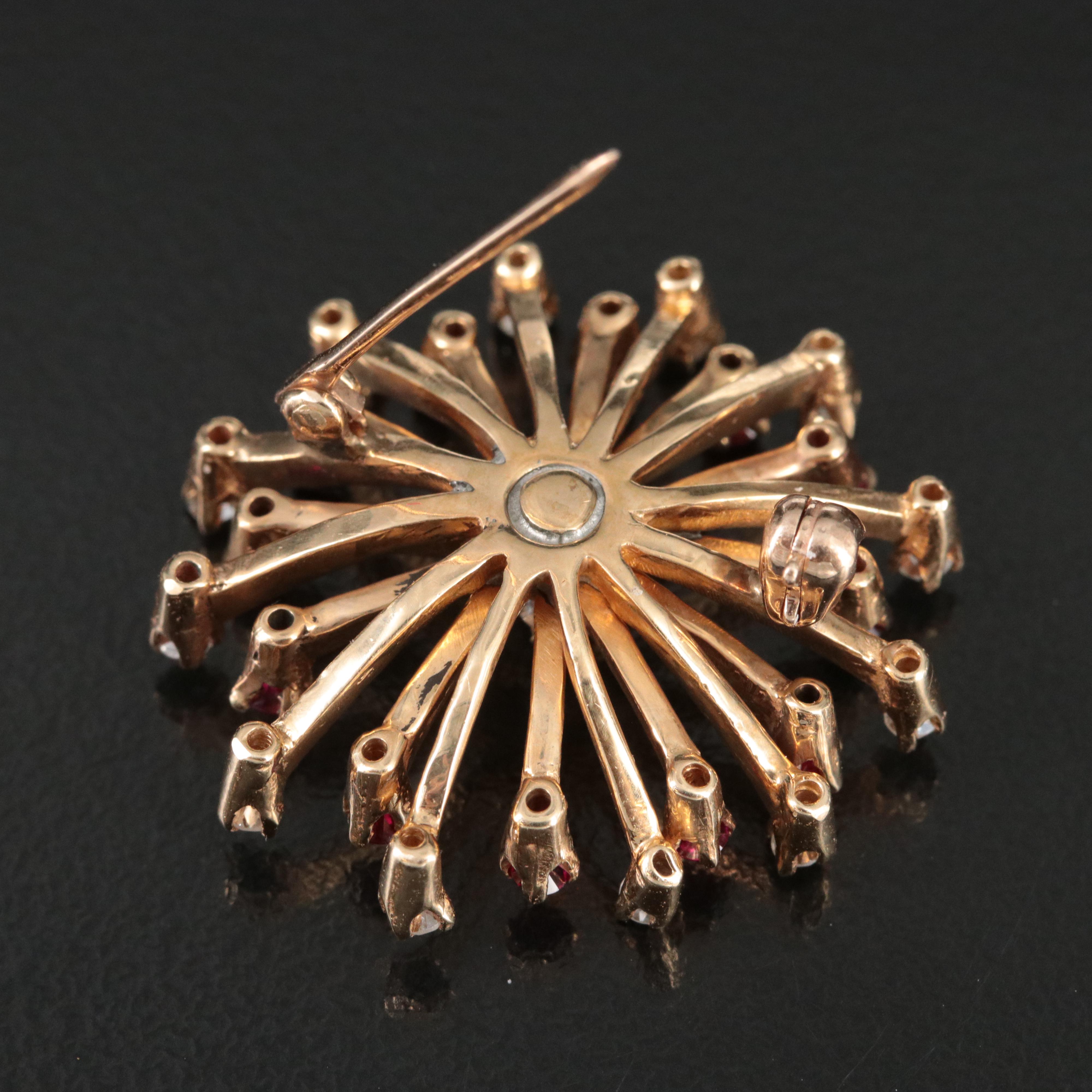 1940s 14K 0.44 Diamond and Ruby Flower Burst Brooch