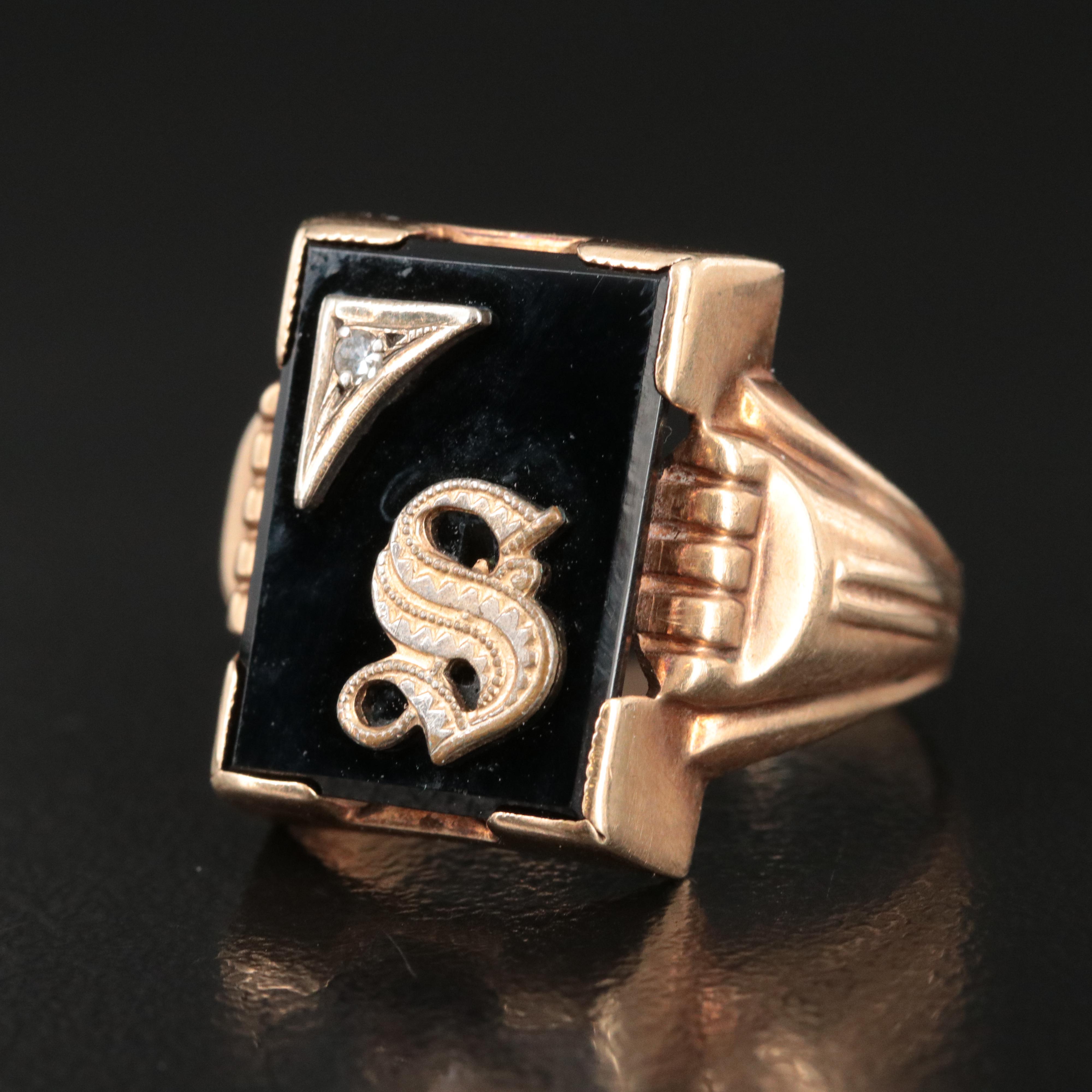 Retro Ostby & Barton 10K Black Onyx Initial S Signet Ring with Diamond Accent