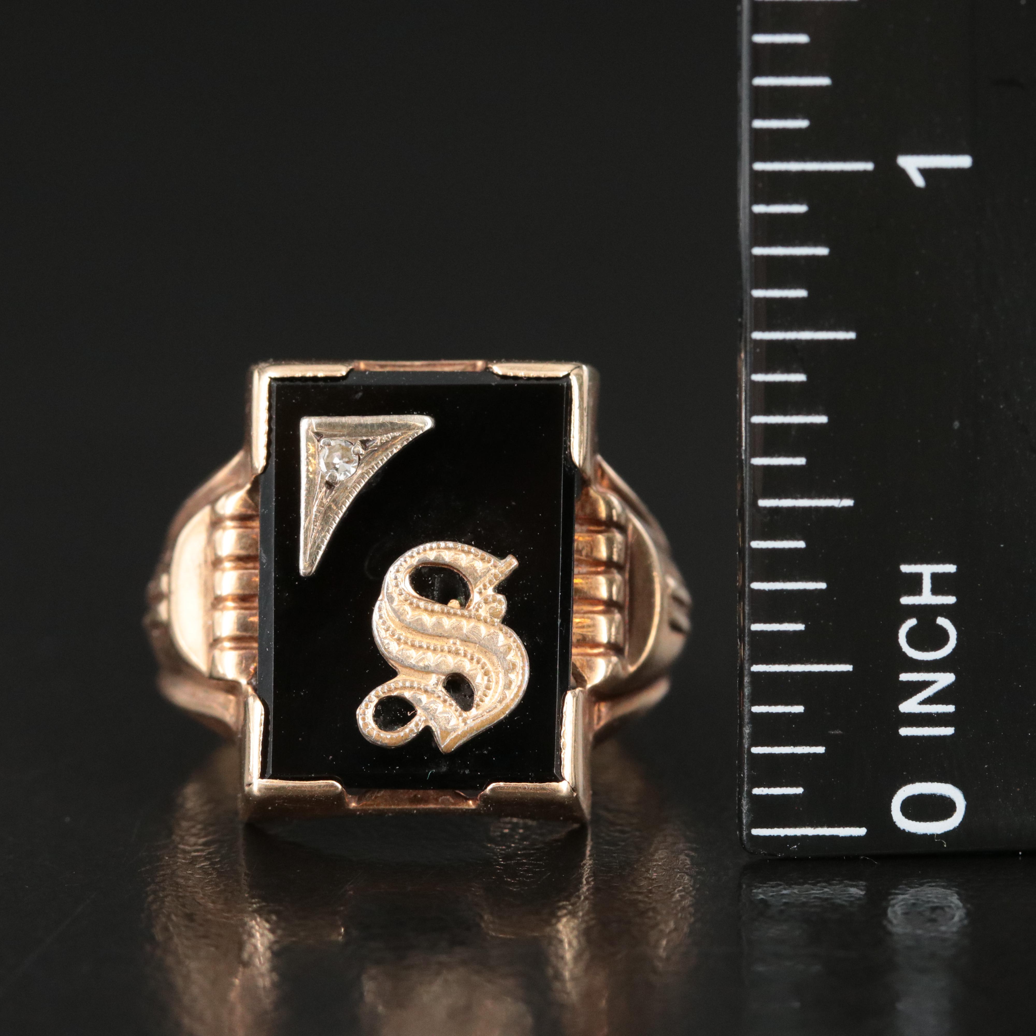 Retro Ostby & Barton 10K Black Onyx Initial S Signet Ring with Diamond Accent