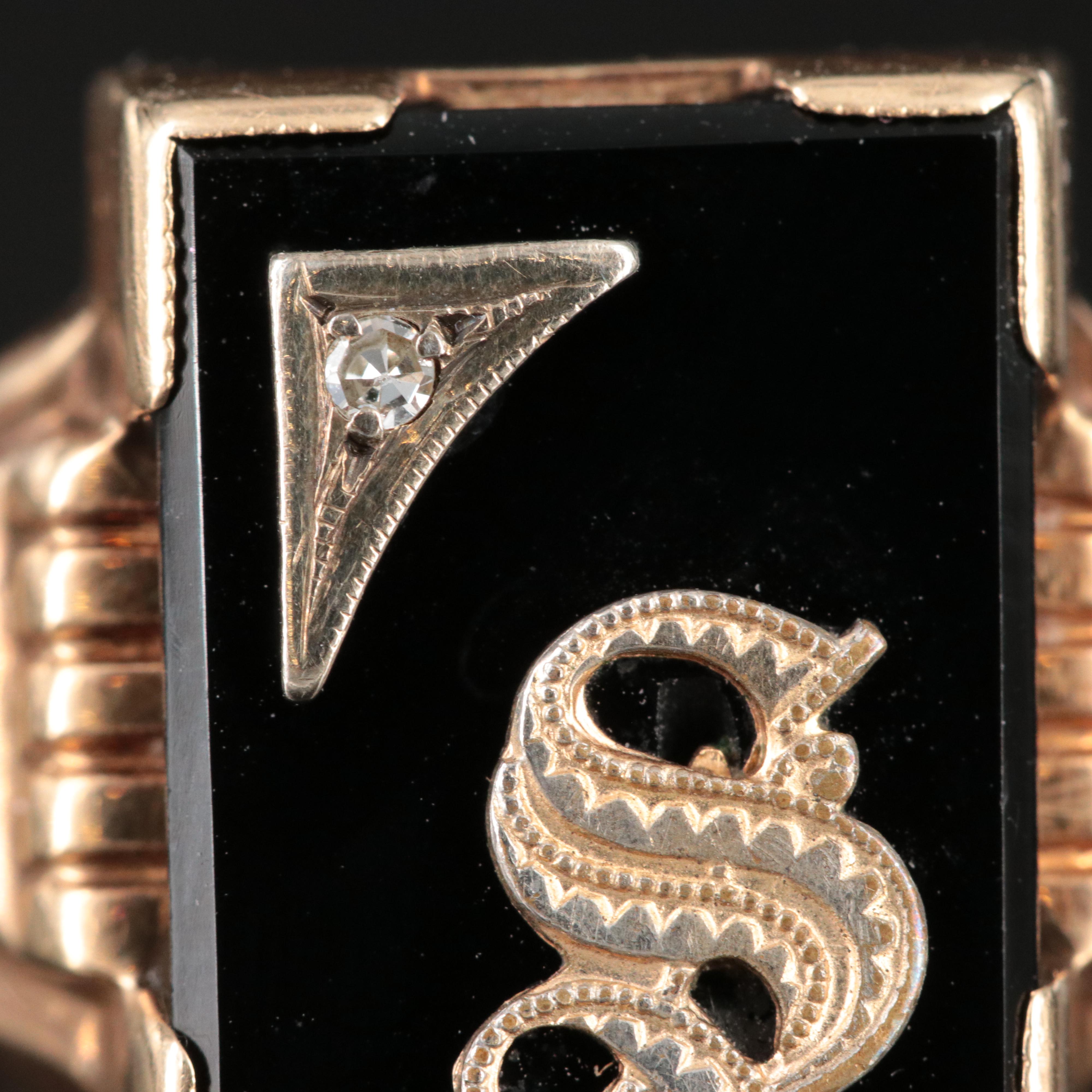 Retro Ostby & Barton 10K Black Onyx Initial S Signet Ring with Diamond Accent