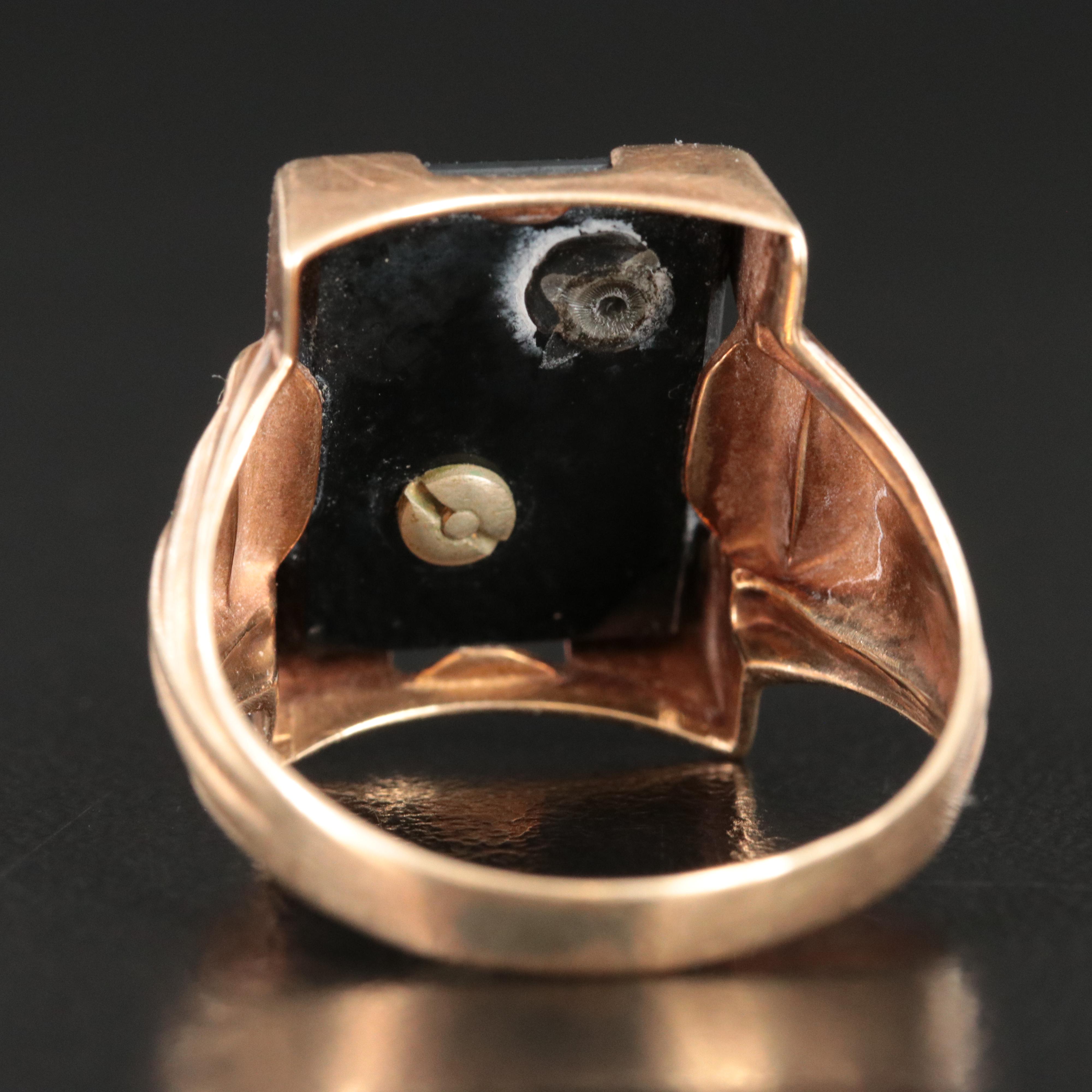 Retro Ostby & Barton 10K Black Onyx Initial S Signet Ring with Diamond Accent