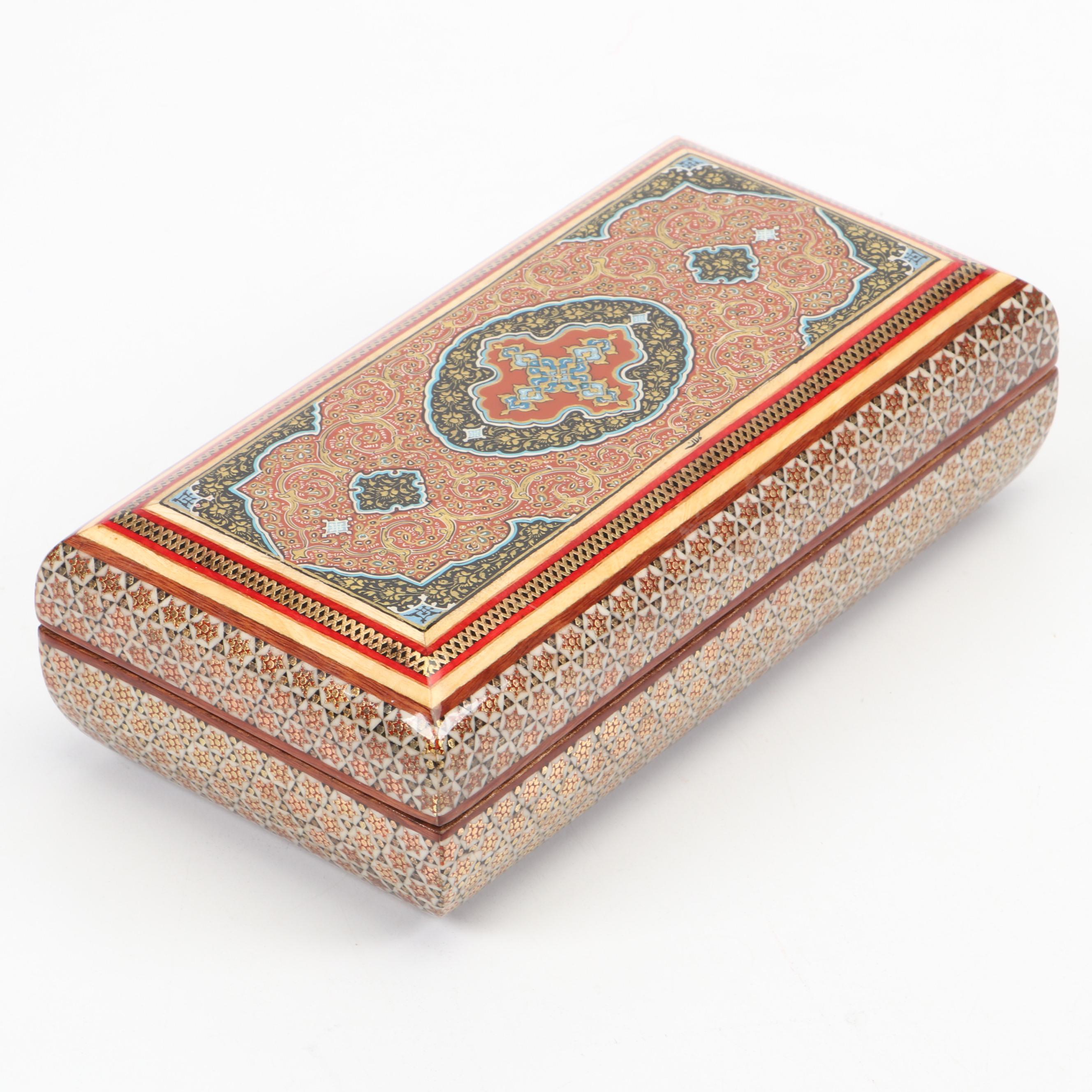 Indo-Persian Hand-Crafted Enamel, Wood and Bone Inlay Box, Vintage