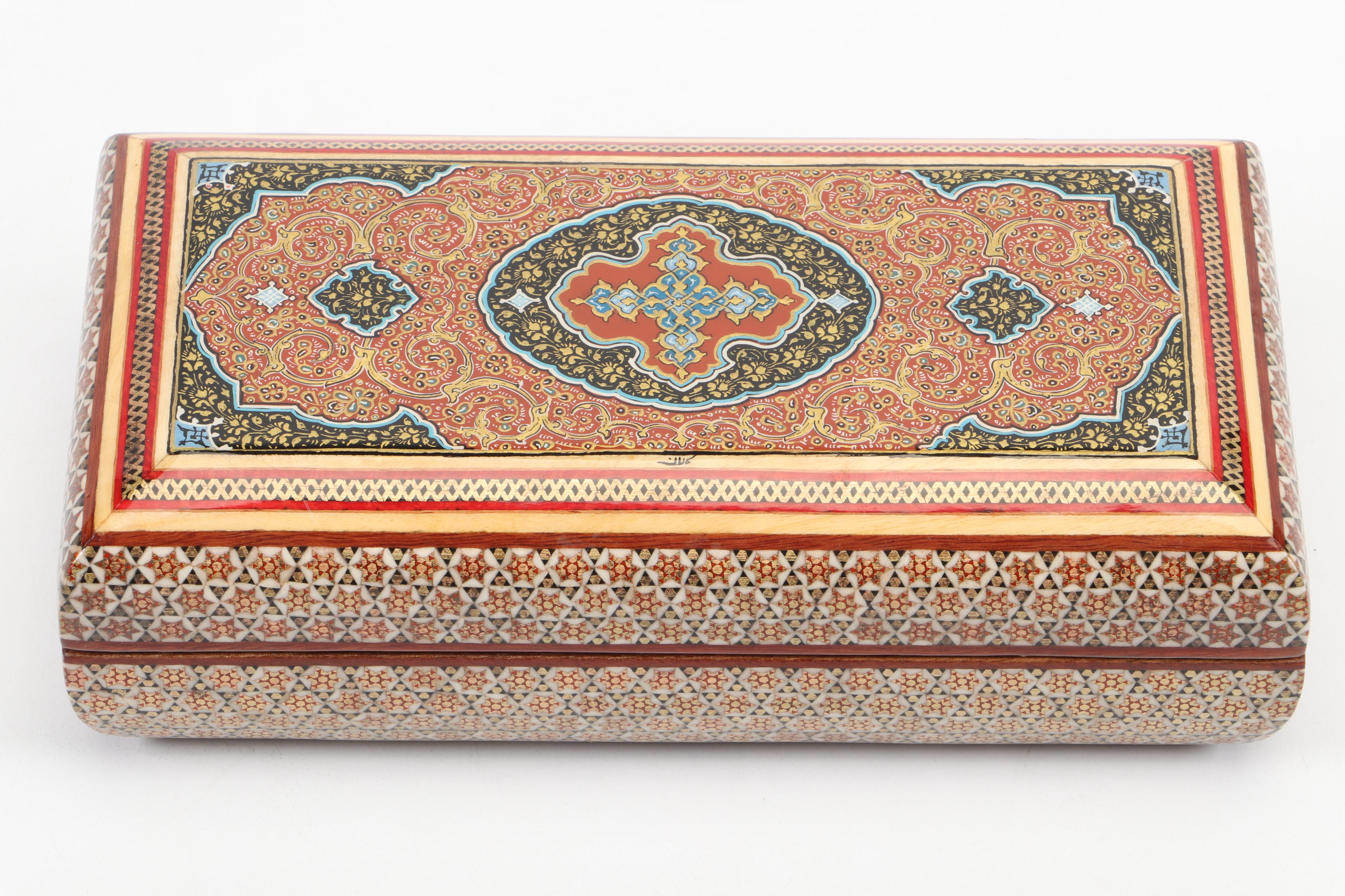 Indo-Persian Hand-Crafted Enamel, Wood and Bone Inlay Box, Vintage