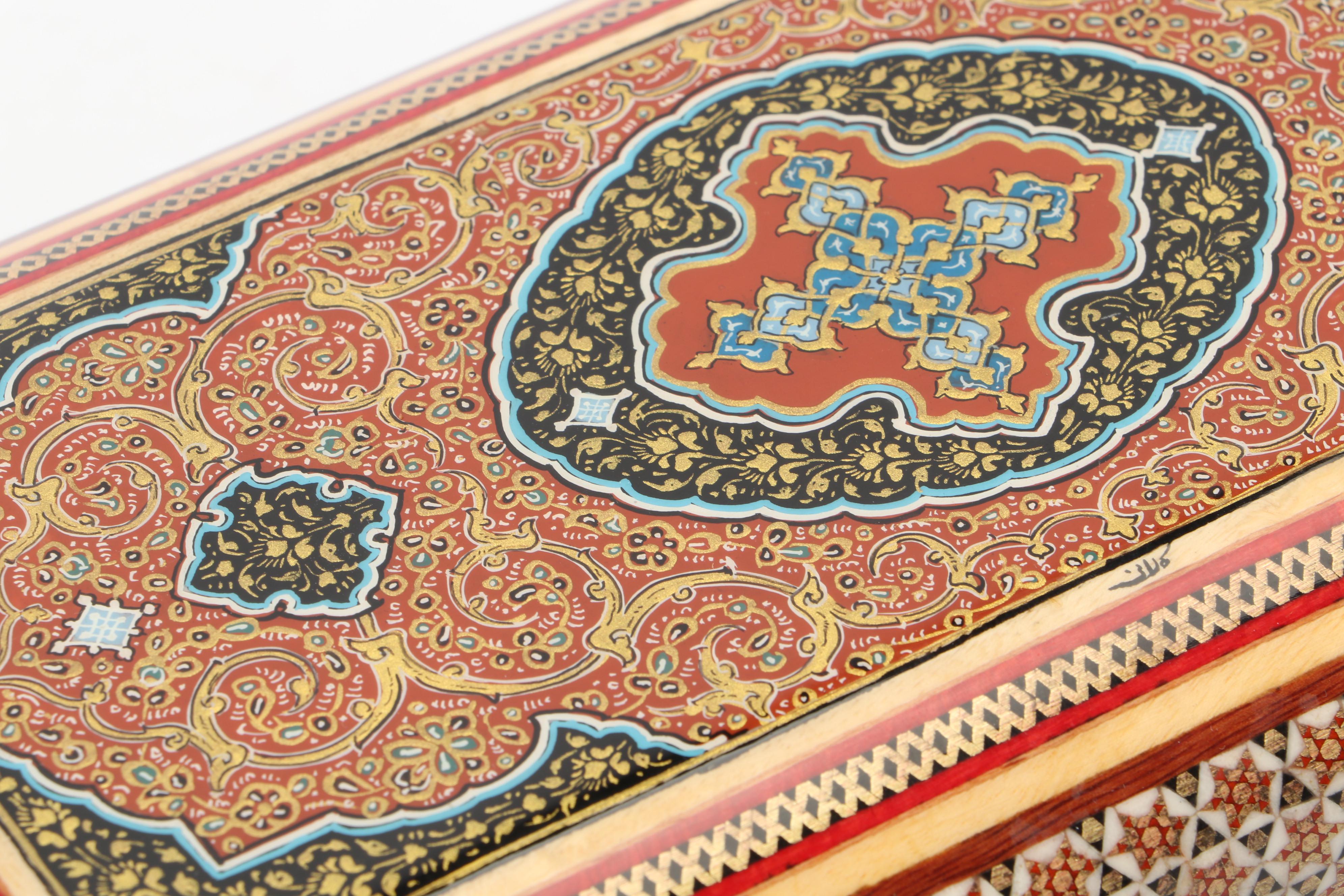 Indo-Persian Hand-Crafted Enamel, Wood and Bone Inlay Box, Vintage