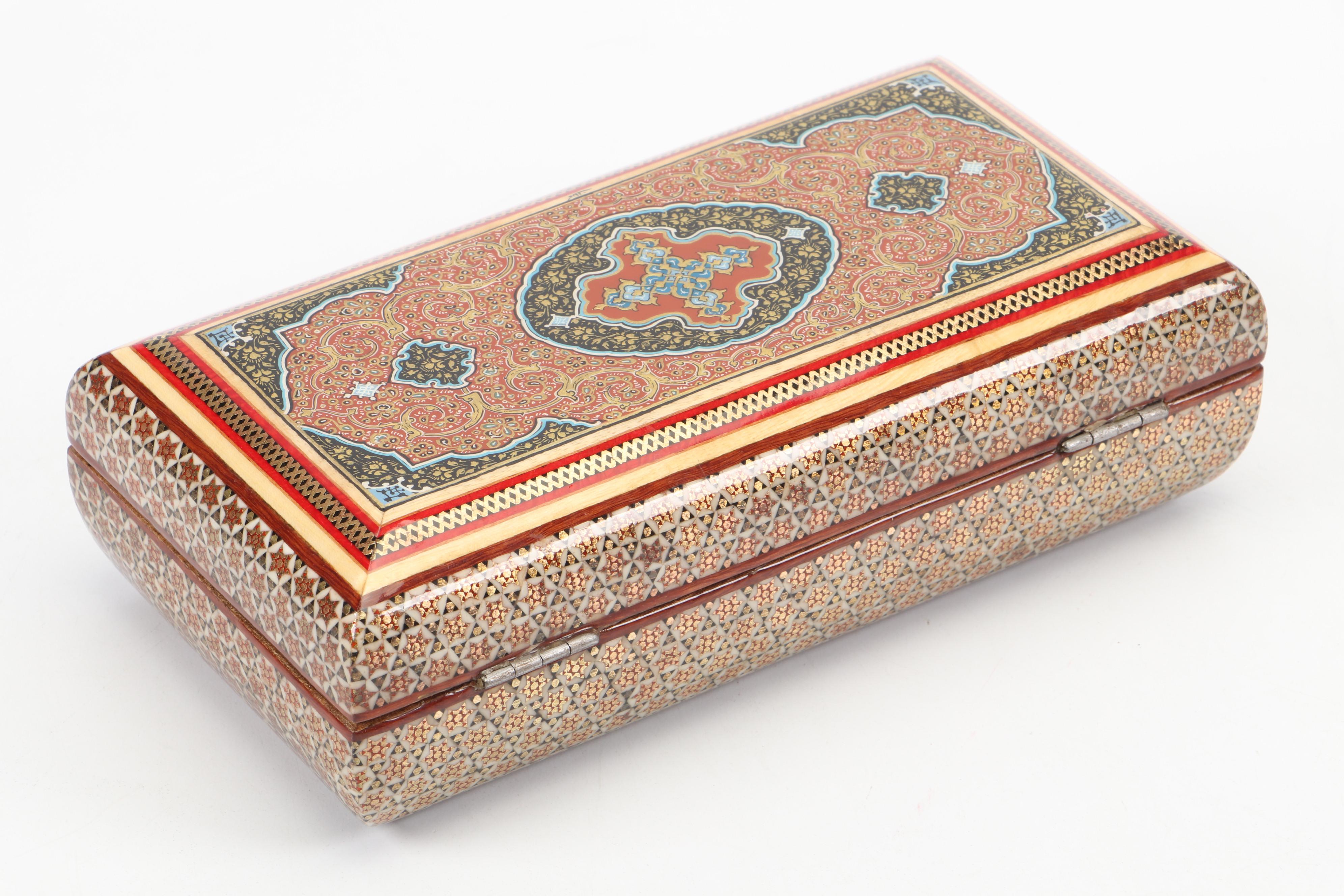 Indo-Persian Hand-Crafted Enamel, Wood and Bone Inlay Box, Vintage